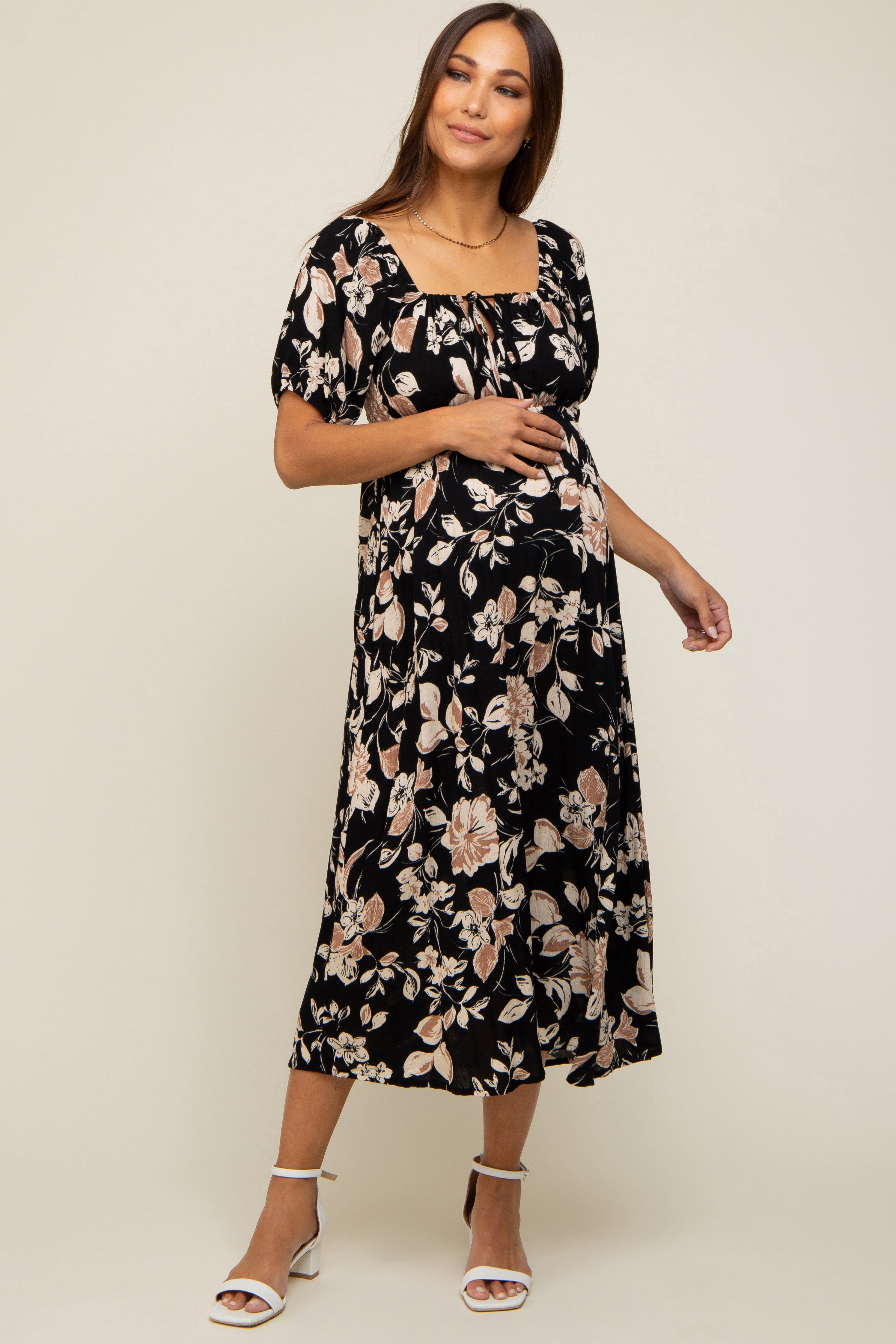 Black Floral Square Neck Short Puff Sleeve Maternity Midi Dress sold by Pinkblush