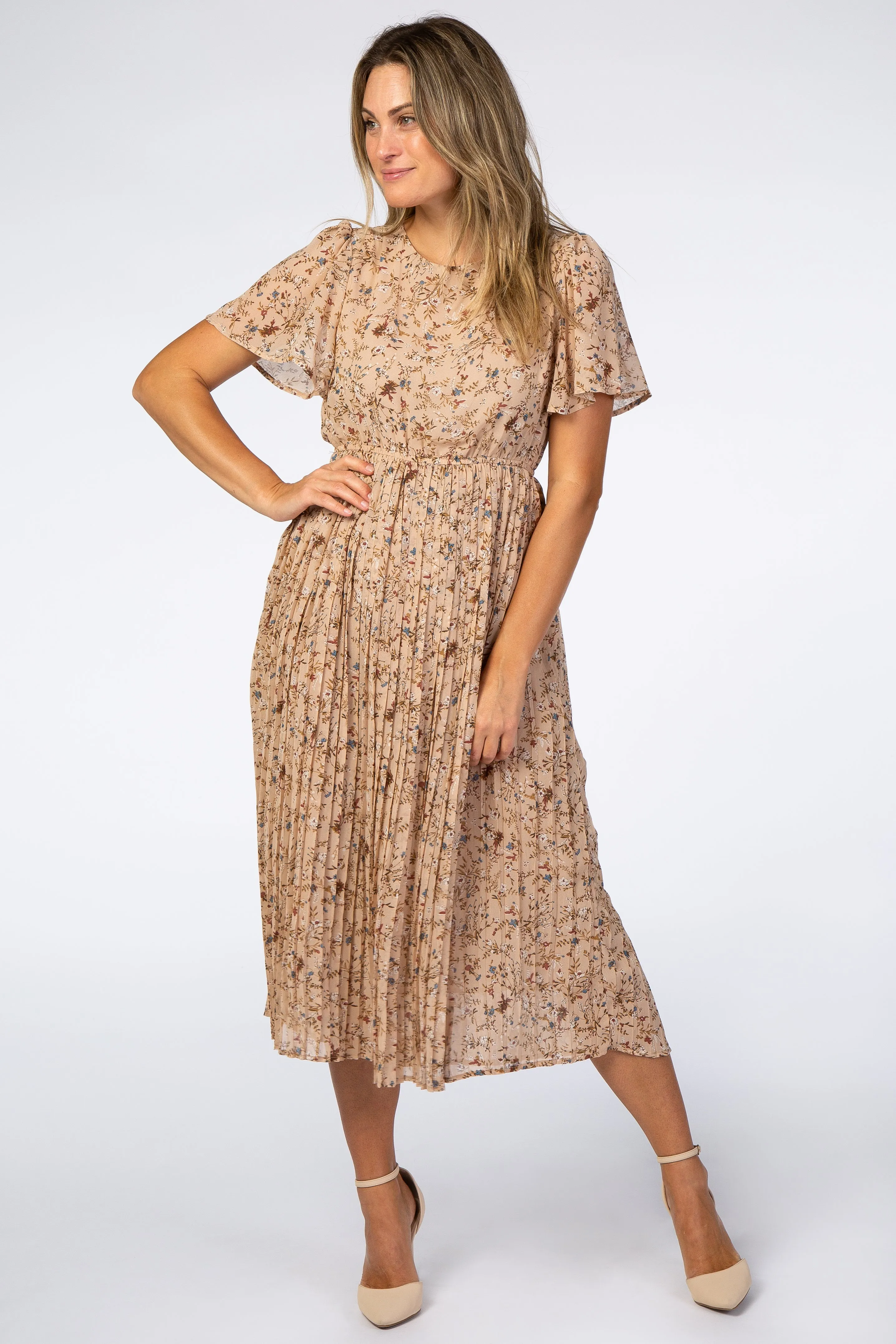 Beige Floral Pleated Chiffon Midi Dress sold by Pinkblush