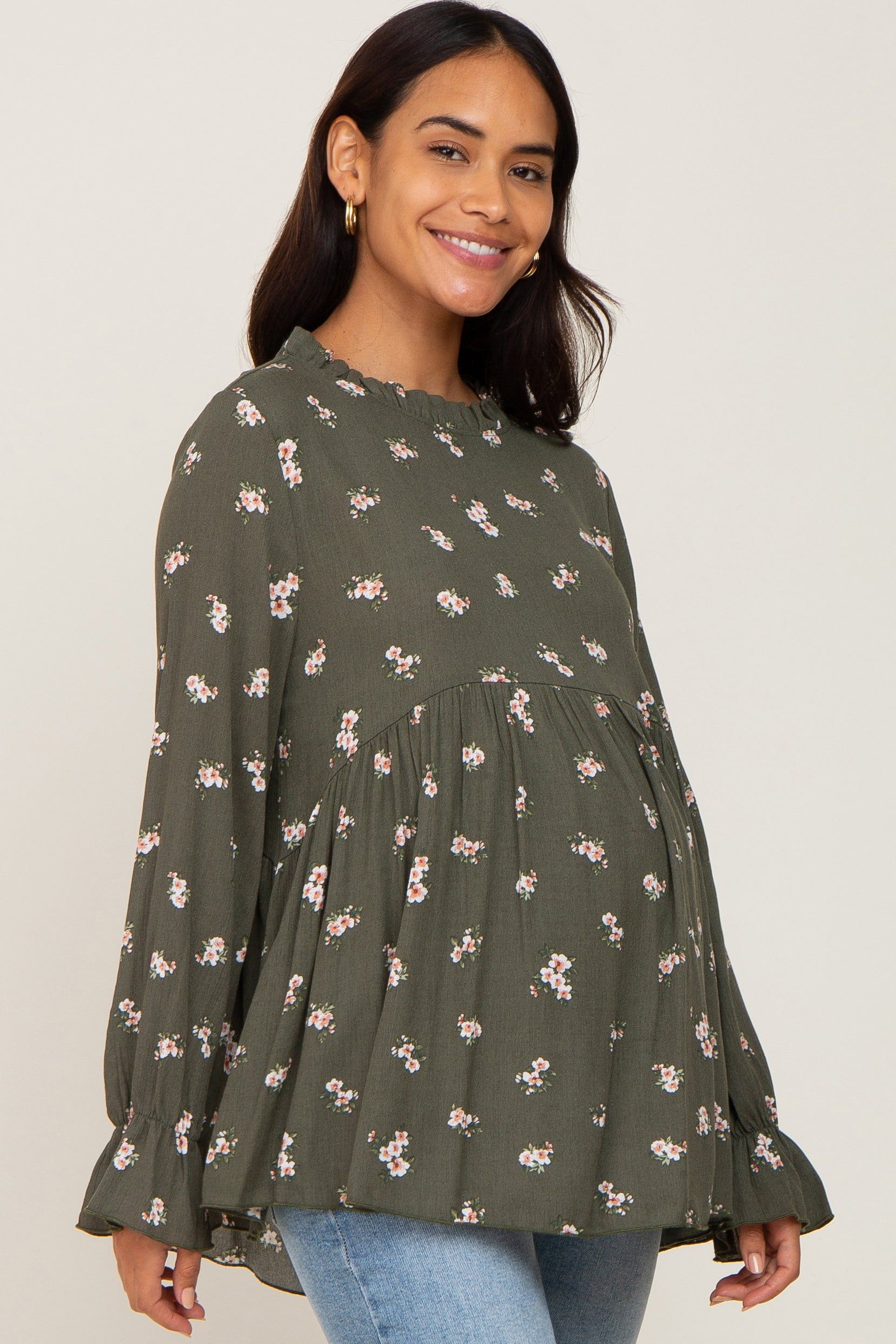 Olive Rust Floral Ruffle Accent Maternity Babydoll Top sold by Pinkblush product image thumbnail 2