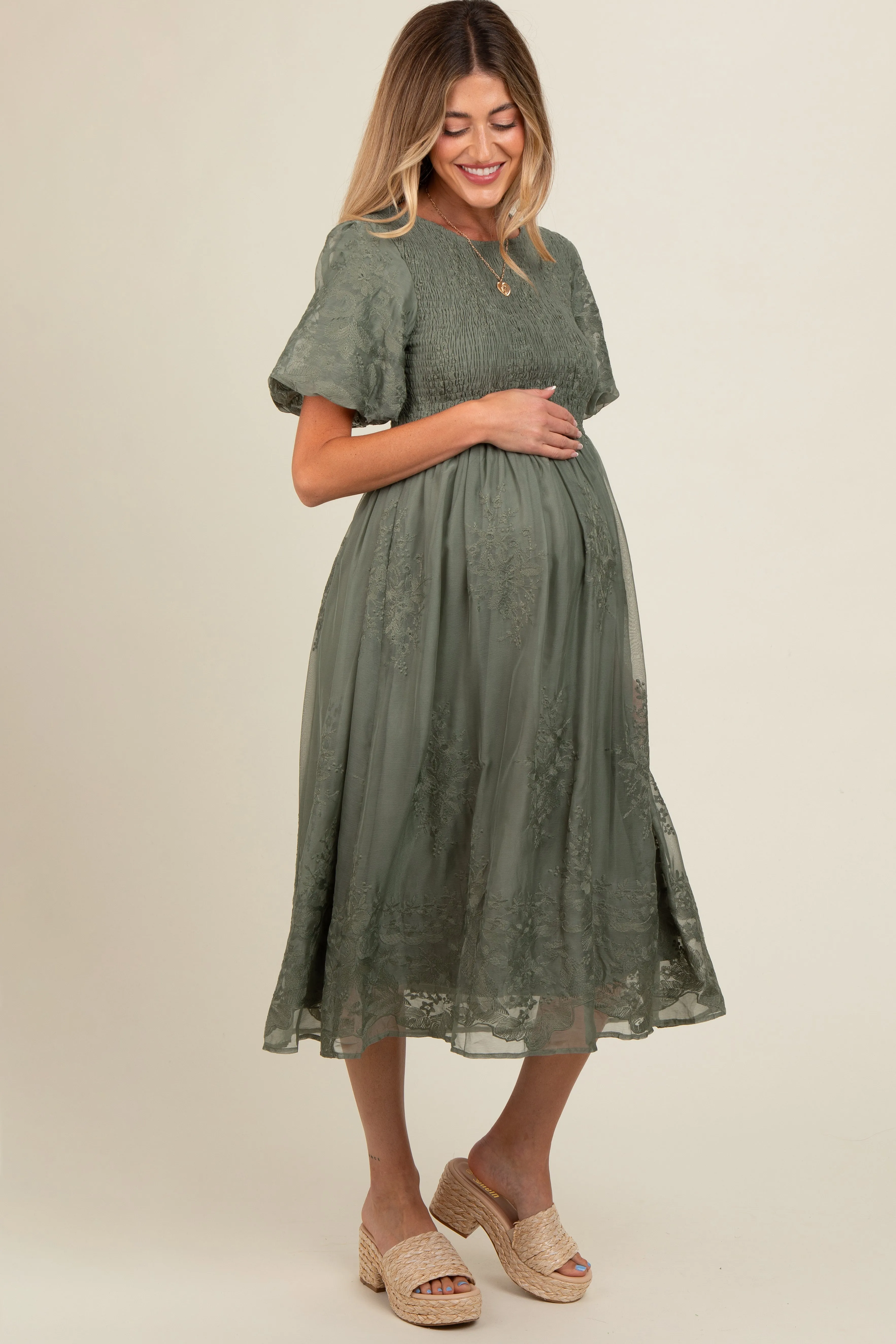 Olive Floral Lace Smocked Maternity Midi Dress sold by Pinkblush product image thumbnail 3