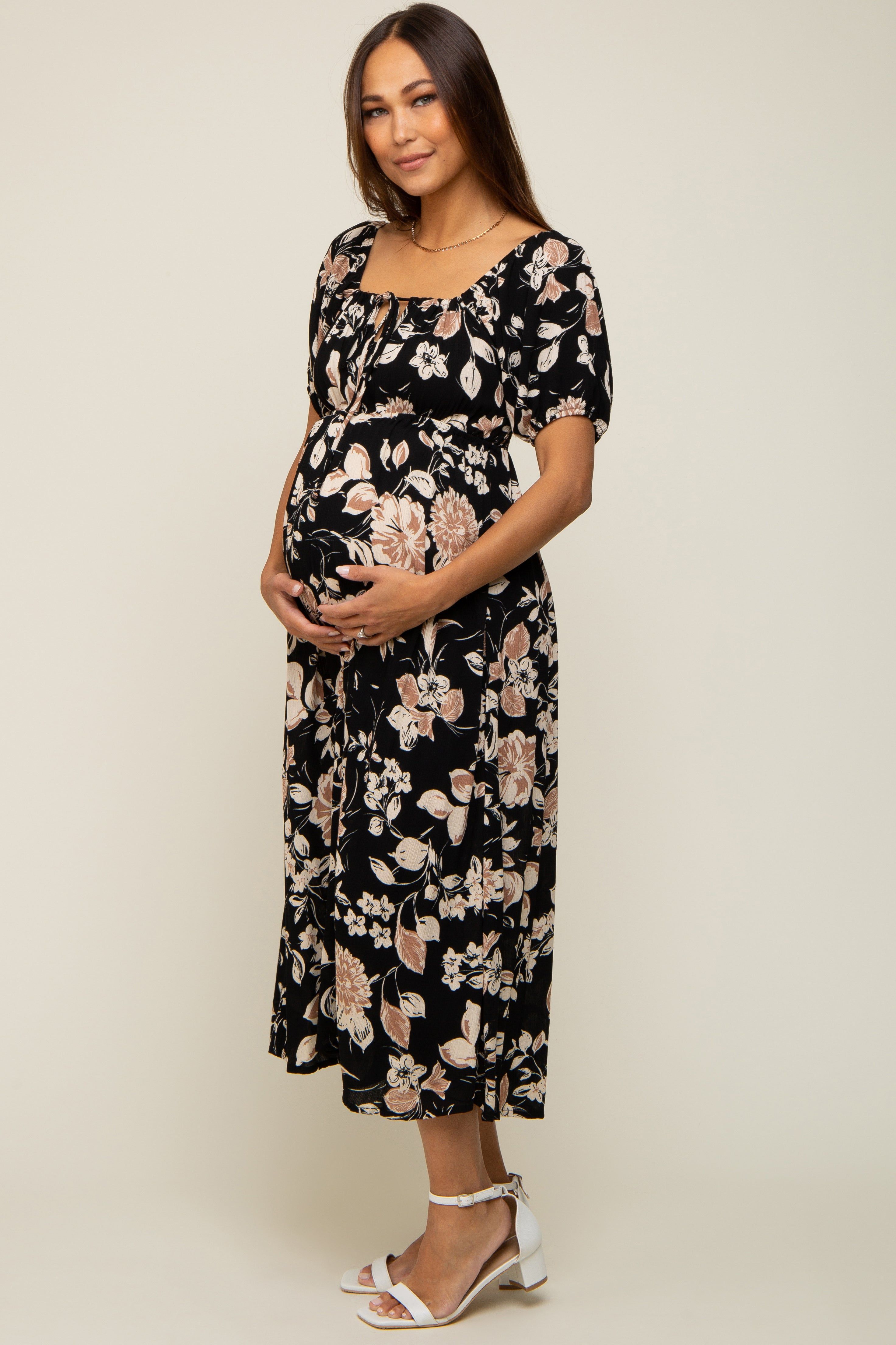 Black Floral Square Neck Short Puff Sleeve Maternity Midi Dress sold by Pinkblush product image thumbnail 2