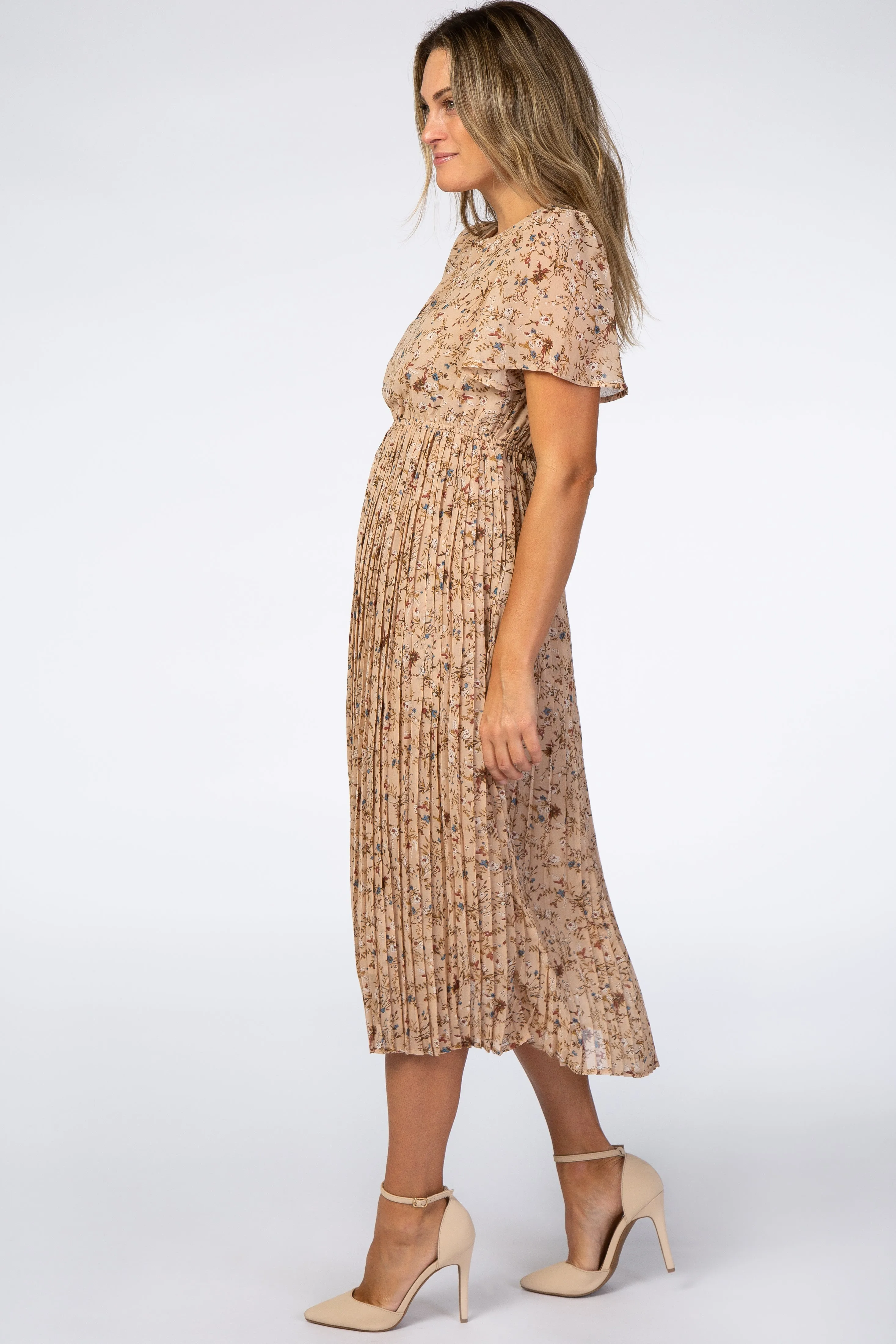 Beige Floral Pleated Chiffon Midi Dress sold by Pinkblush product image thumbnail 2