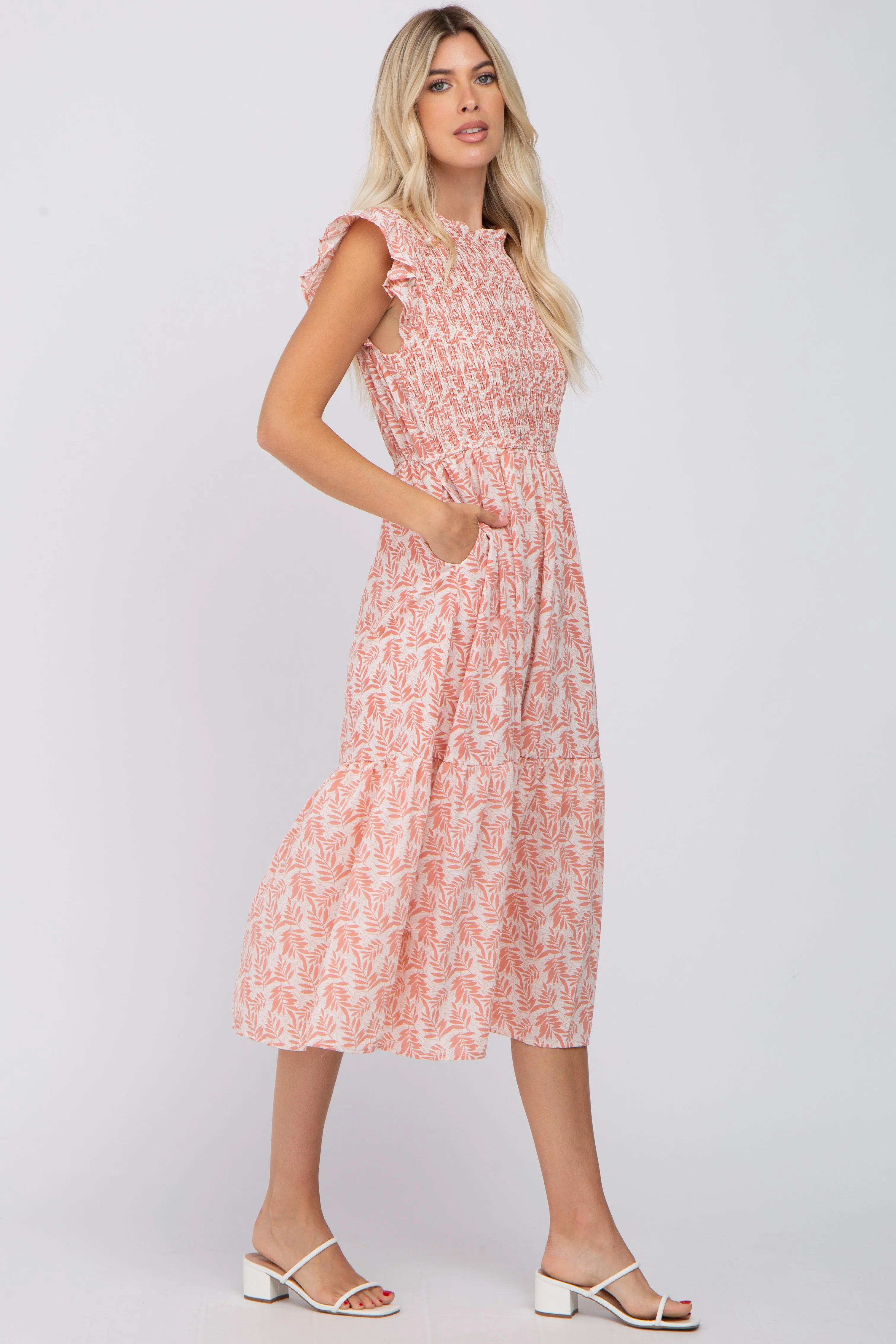 Pink Leaf Print Smocked Ruffle Sleeve Midi Dress sold by Pinkblush product image thumbnail 2