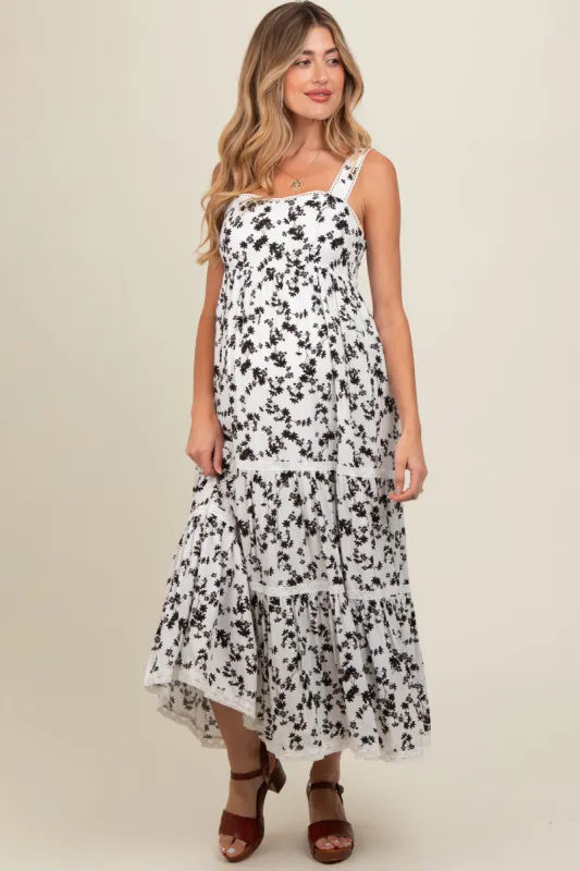 Ivory Floral Lace Trim Tiered Maternity Maxi Dress sold by Pinkblush