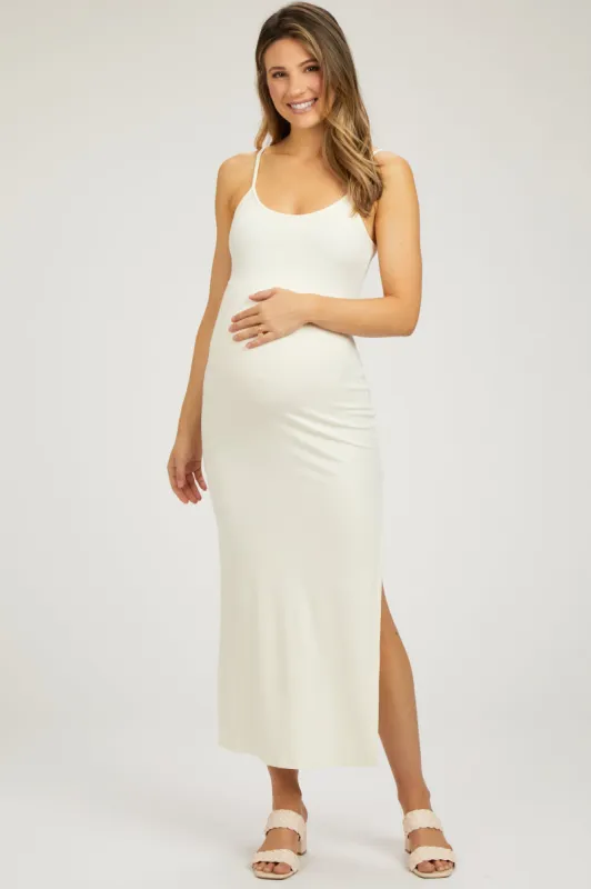 Ivory Ribbed Sleeveless Side Slit Maternity Dress sold by Pinkblush