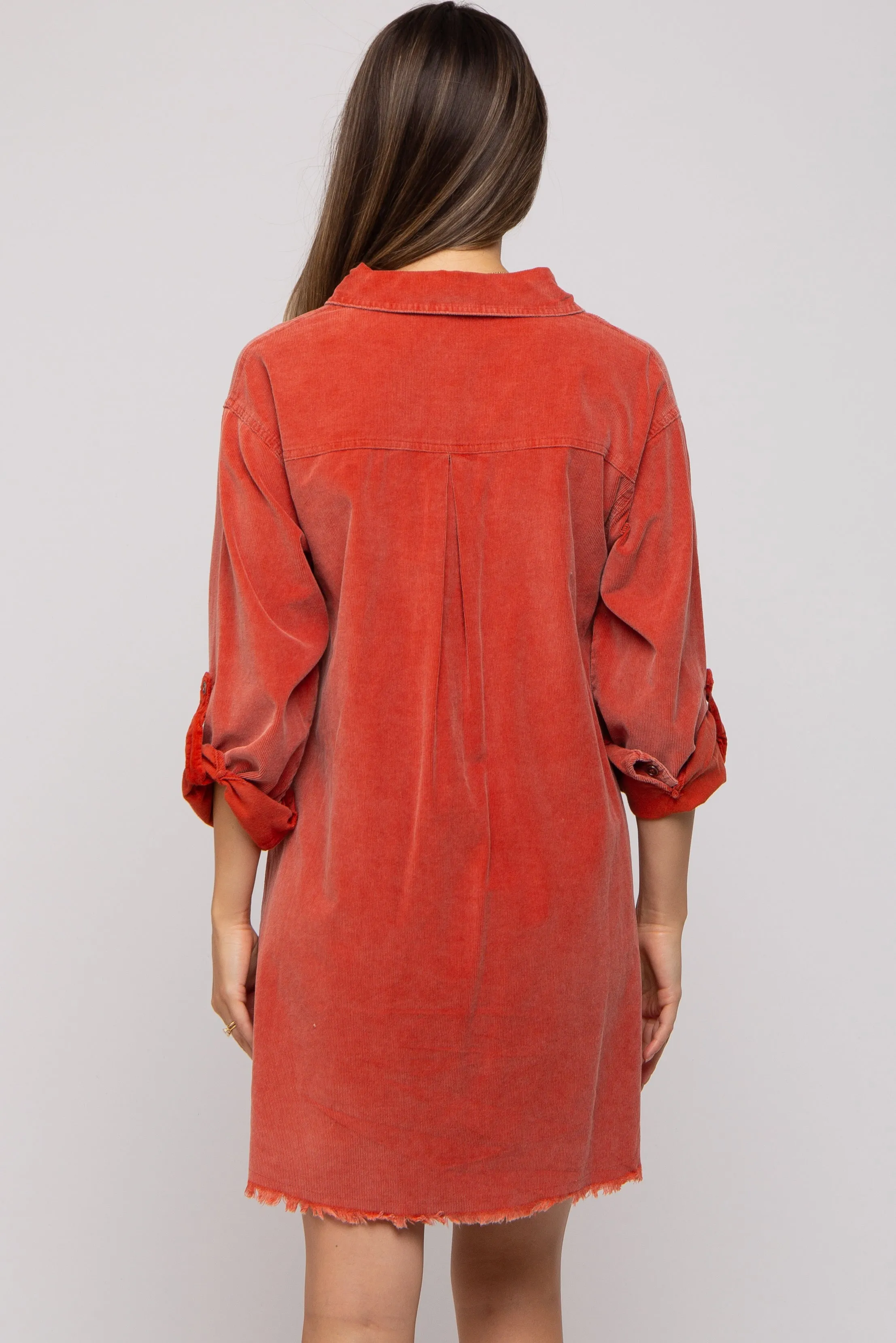 Rust Corduroy Button Front Fringe Hem Maternity Dress sold by Pinkblush product image thumbnail 3