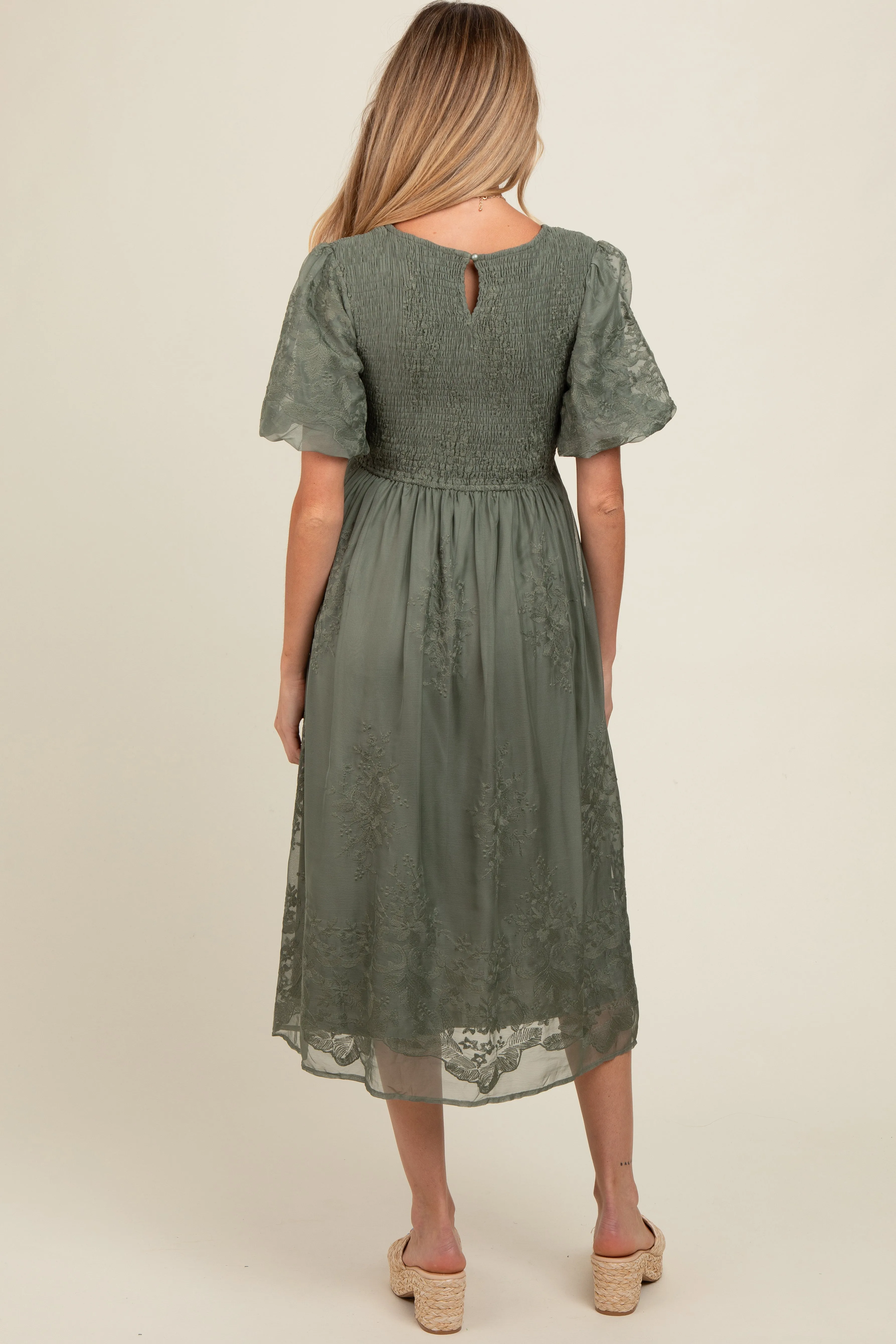 Olive Floral Lace Smocked Maternity Midi Dress sold by Pinkblush product image thumbnail 4
