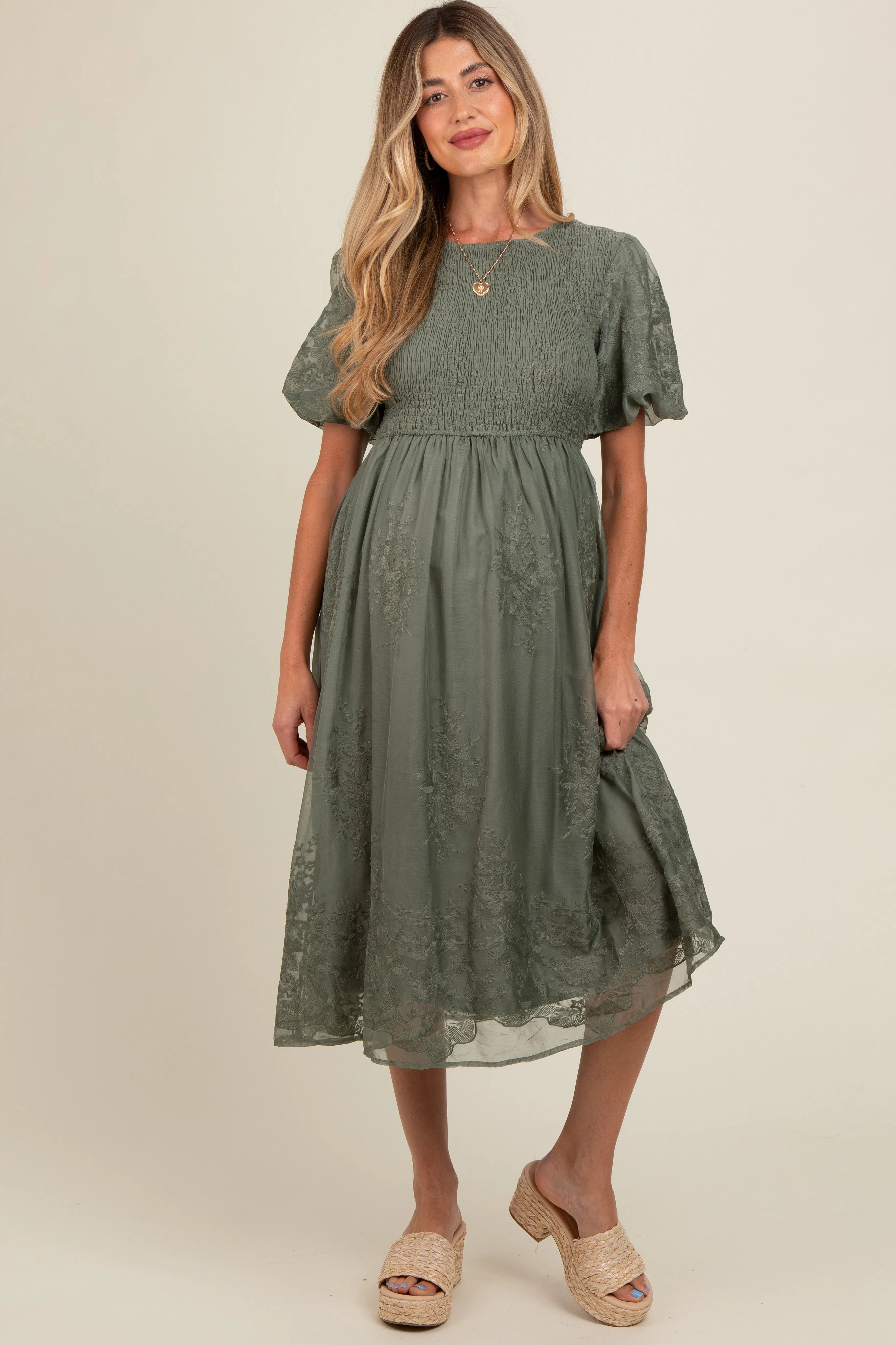 Olive Floral Lace Smocked Maternity Midi Dress sold by Pinkblush