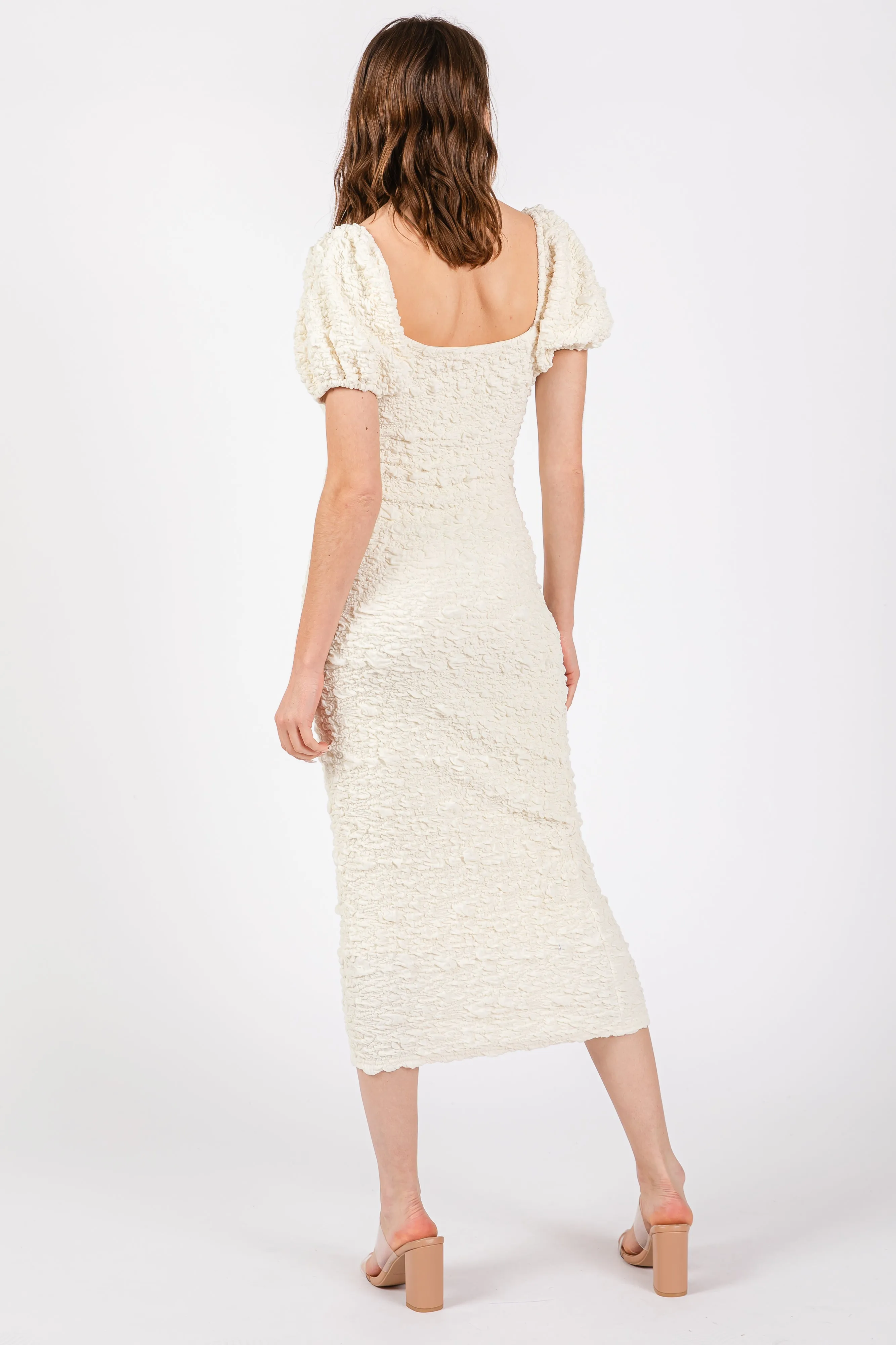 Ivory Textured Square Neck Puff Sleeve Midi Dress sold by Pinkblush product image thumbnail 3
