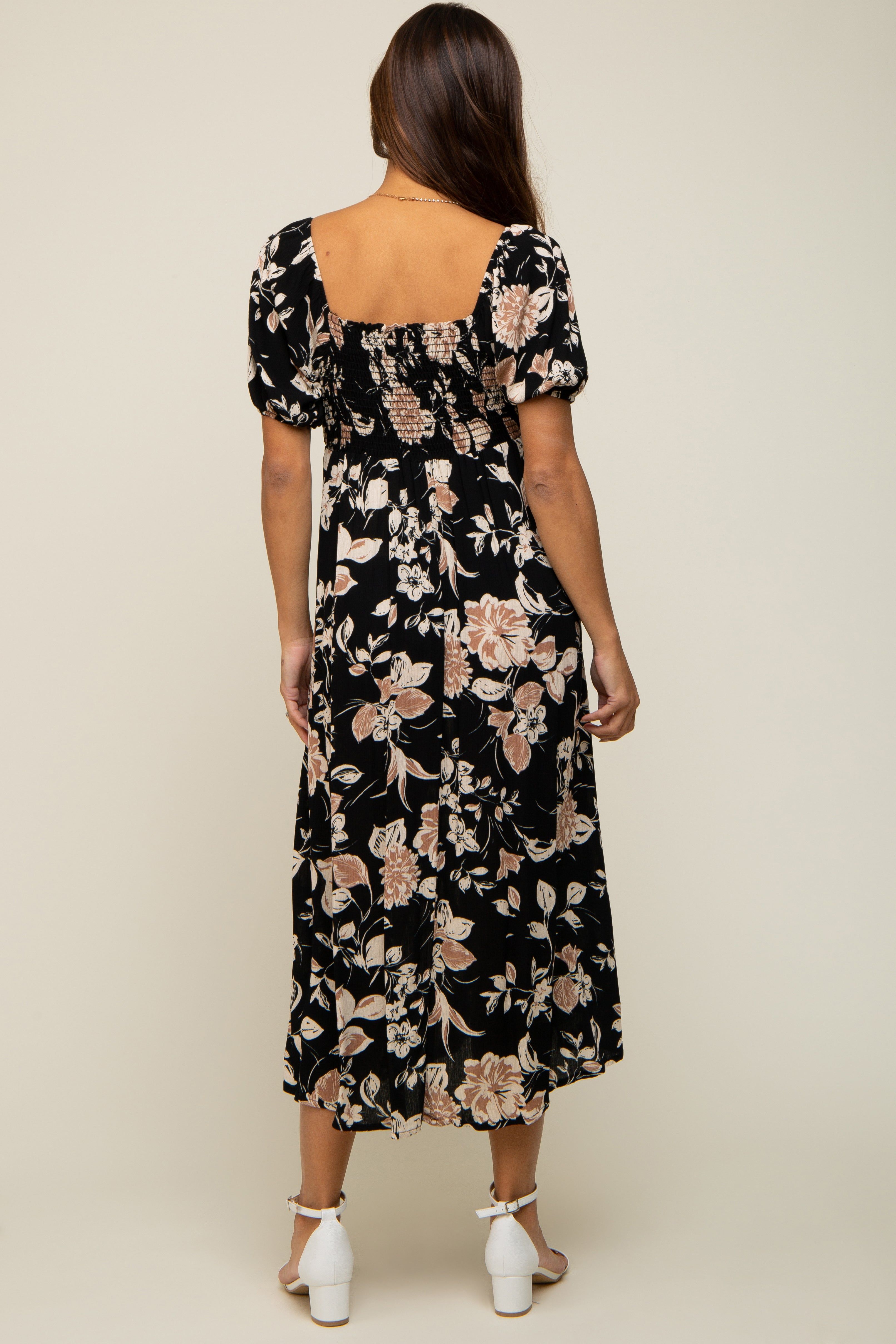 Black Floral Square Neck Short Puff Sleeve Maternity Midi Dress sold by Pinkblush product image thumbnail 3