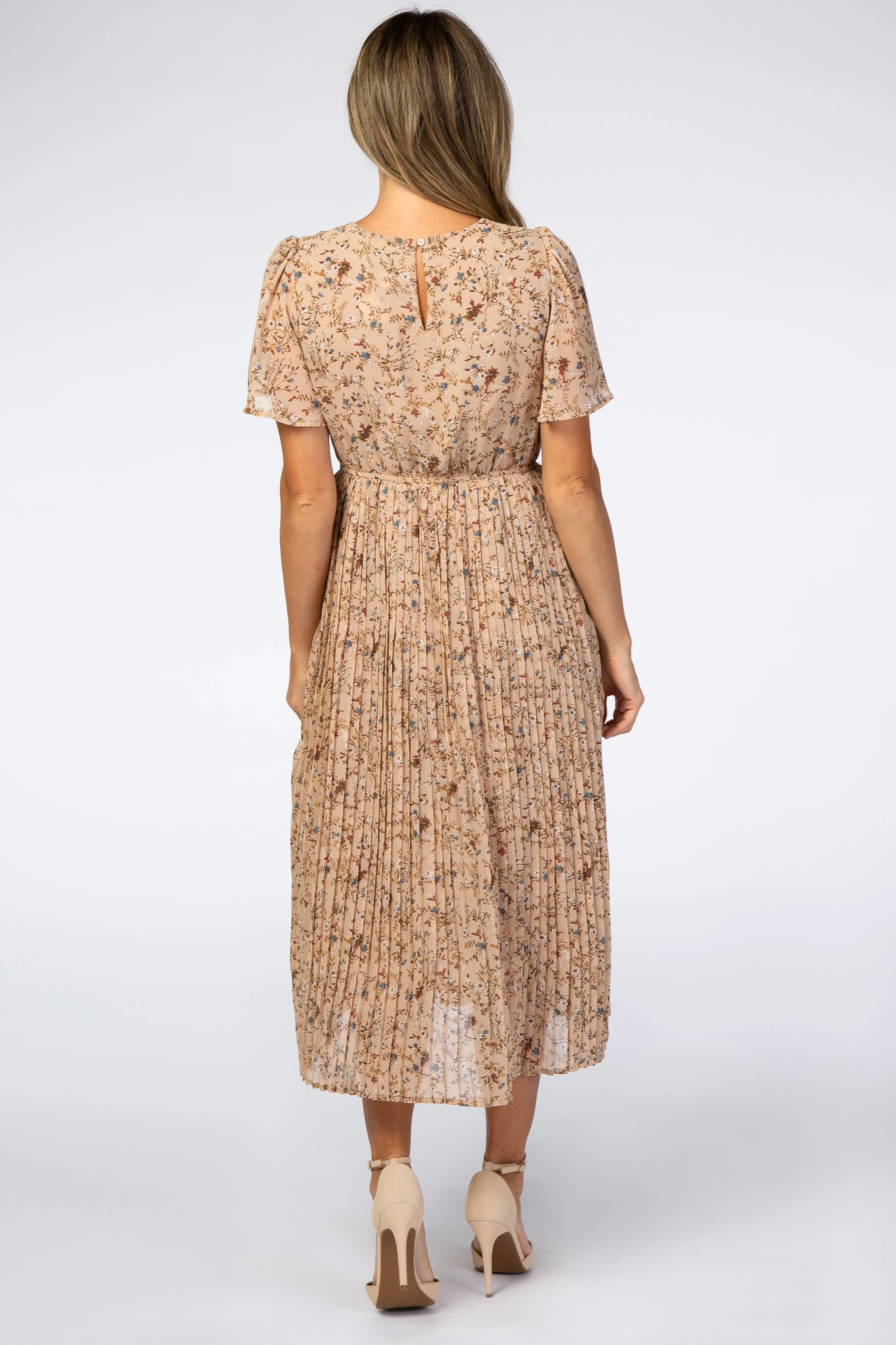 Beige Floral Pleated Chiffon Midi Dress sold by Pinkblush product image thumbnail 3