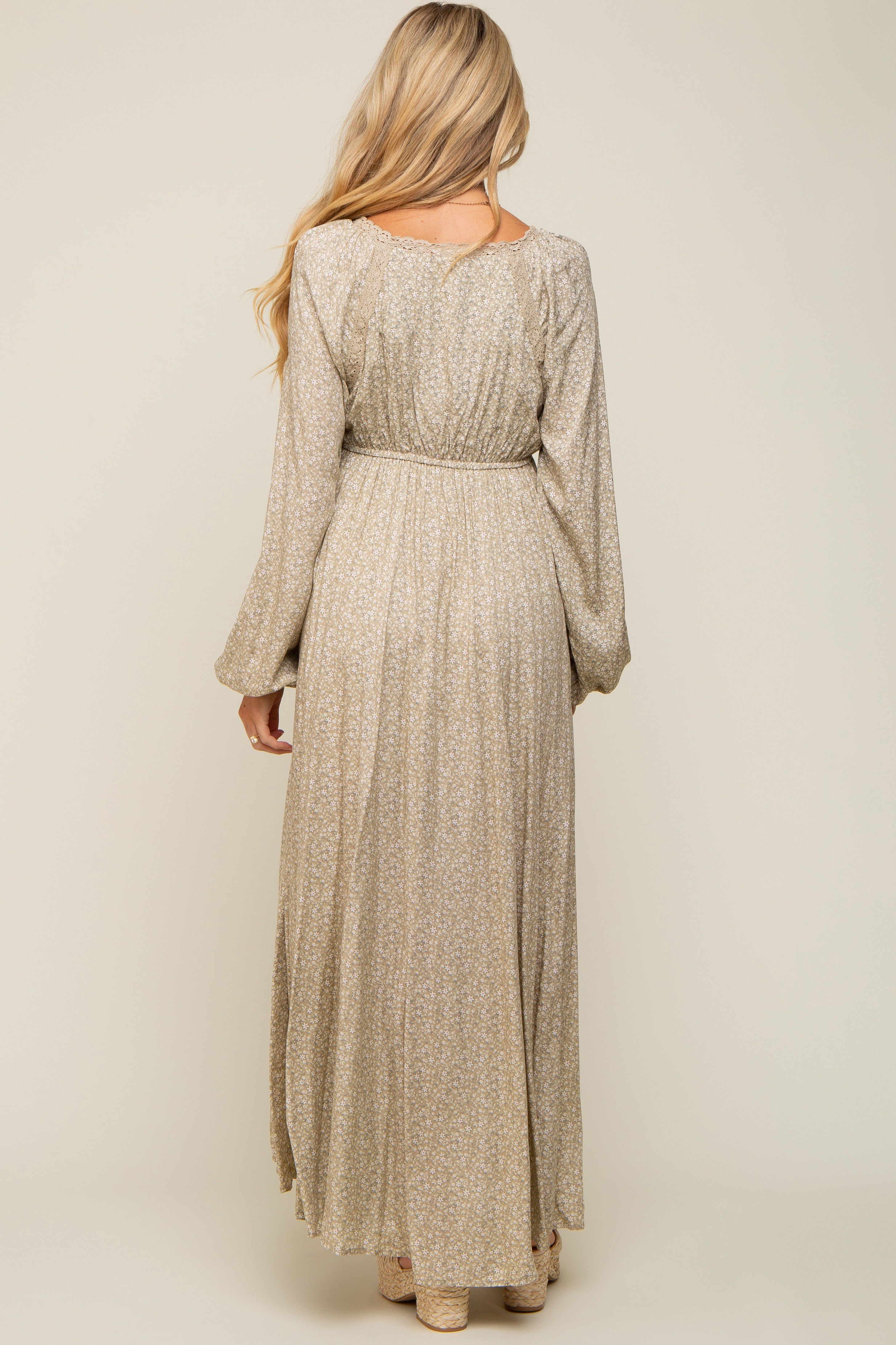 Beige Floral Lace Accent Side Slit Maternity Maxi Dress sold by Pinkblush product image thumbnail 3