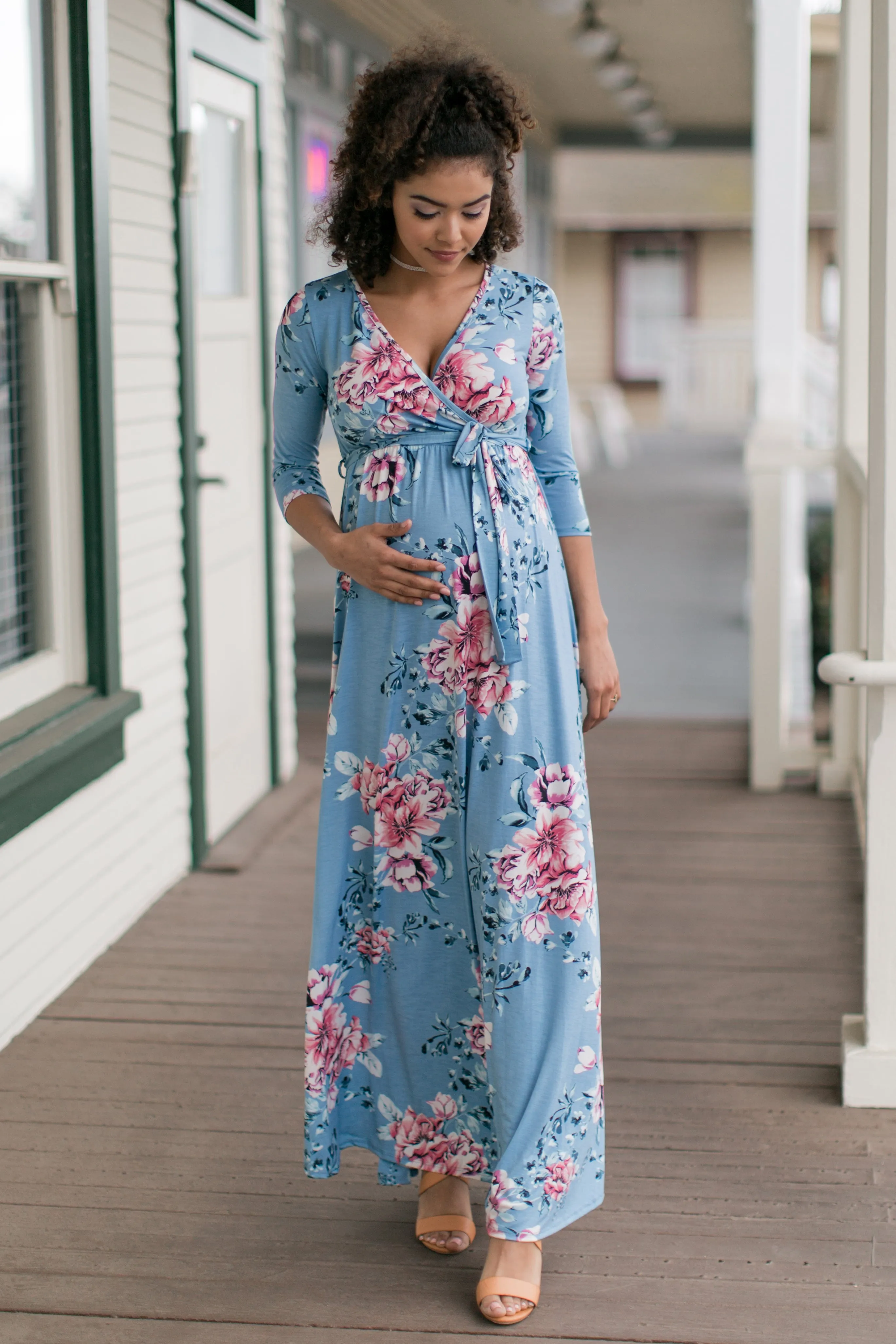 PinkBlush Blue Floral Sash Tie Maternity/Nursing Wrap Maxi Dress sold by Pinkblush product image thumbnail 5