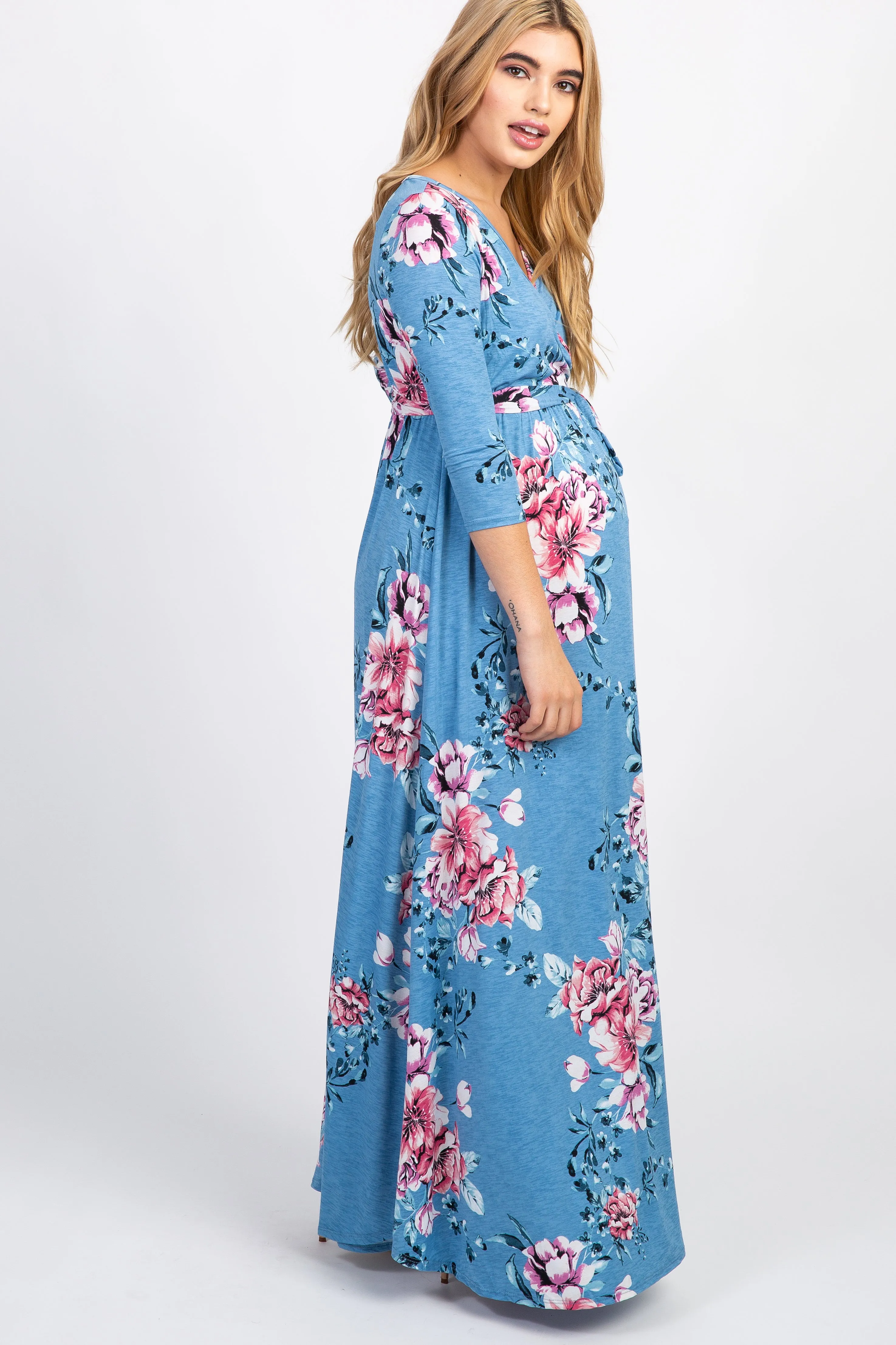 PinkBlush Blue Floral Sash Tie Maternity/Nursing Wrap Maxi Dress sold by Pinkblush product image thumbnail 2