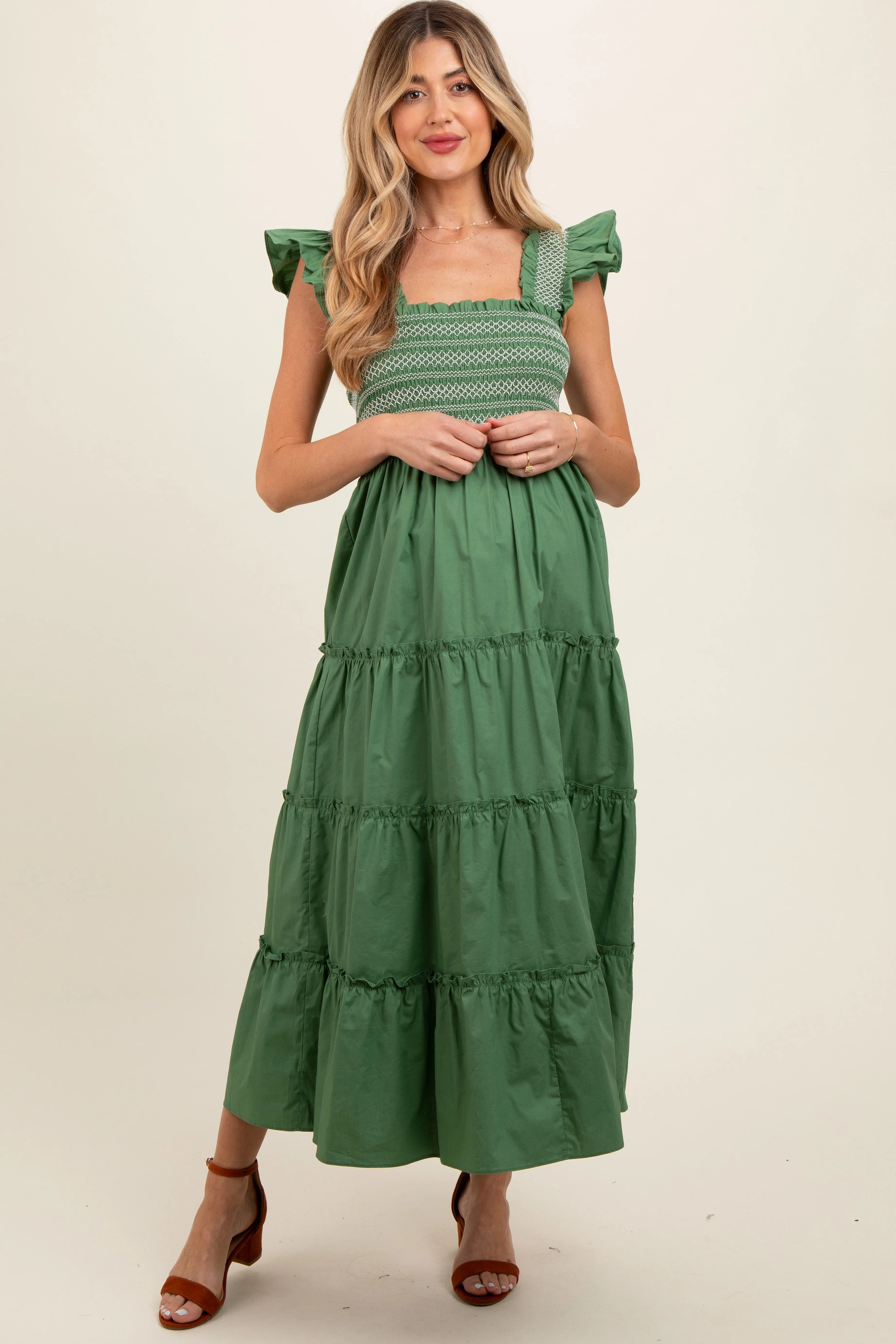 Green Embroidered Smocked Maternity Midi Dress sold by Pinkblush