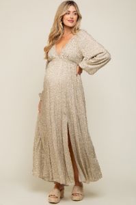Beige Floral Lace Accent Side Slit Maternity Maxi Dress sold by Pinkblush