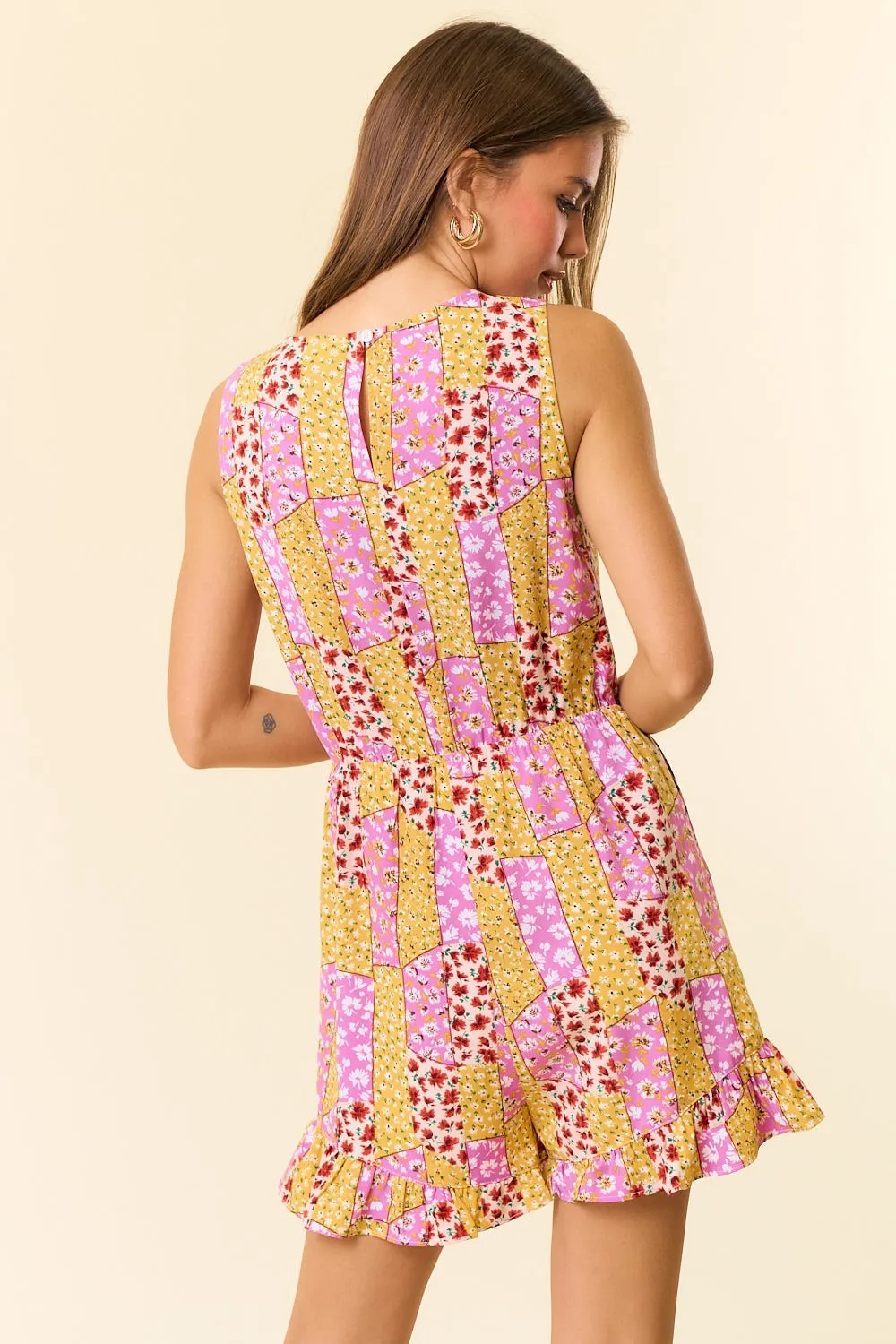 Yellow Berry Floral Patchwork Print Tie Front Hem Romper sold by Pinkblush product image thumbnail 4