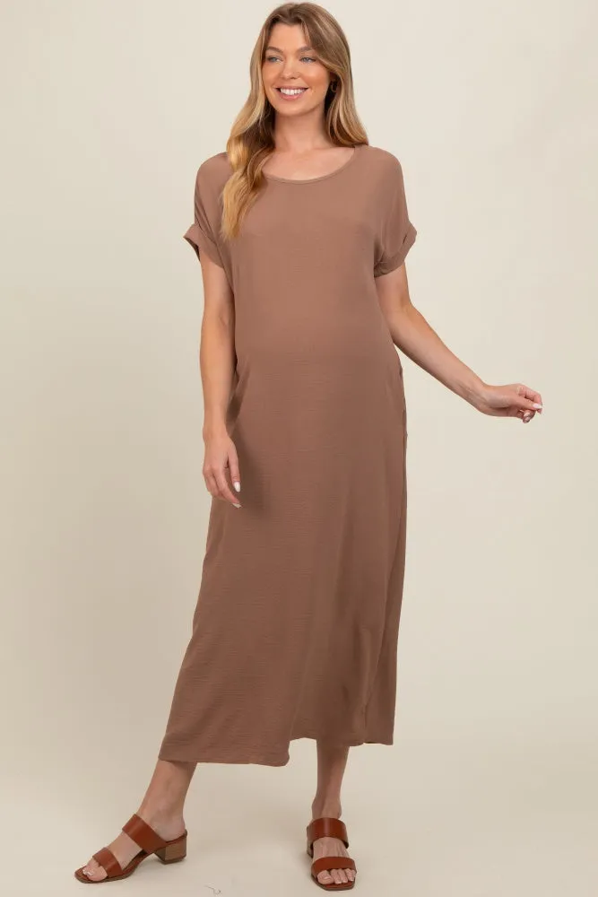 Mocha Rolled Cuff Maternity Midi Dress sold by Pinkblush