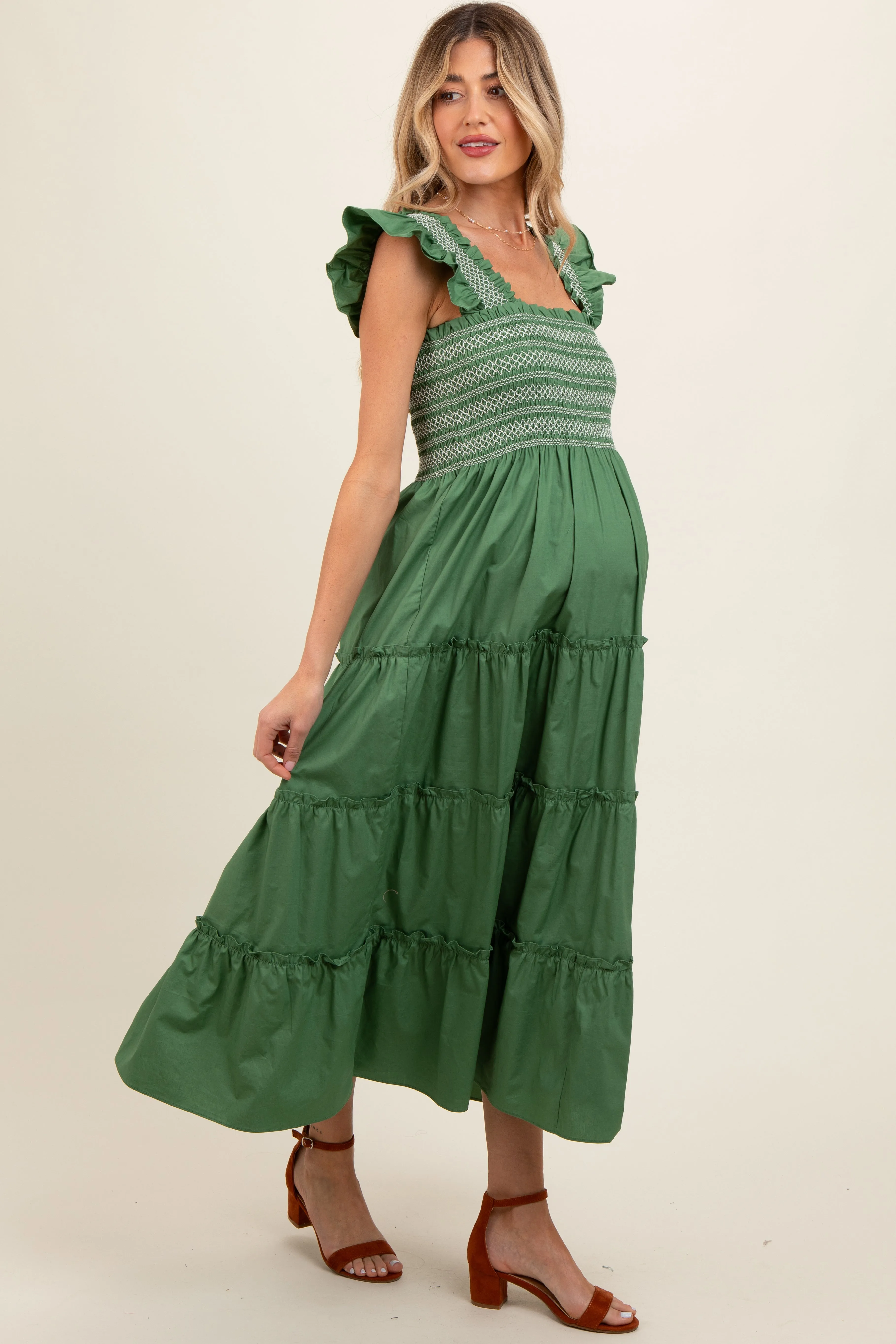Green Embroidered Smocked Maternity Midi Dress sold by Pinkblush product image thumbnail 2