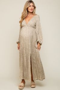 Beige Floral Lace Accent Side Slit Maternity Maxi Dress sold by Pinkblush