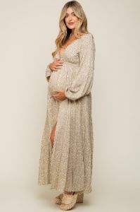 Beige Floral Lace Accent Side Slit Maternity Maxi Dress sold by Pinkblush