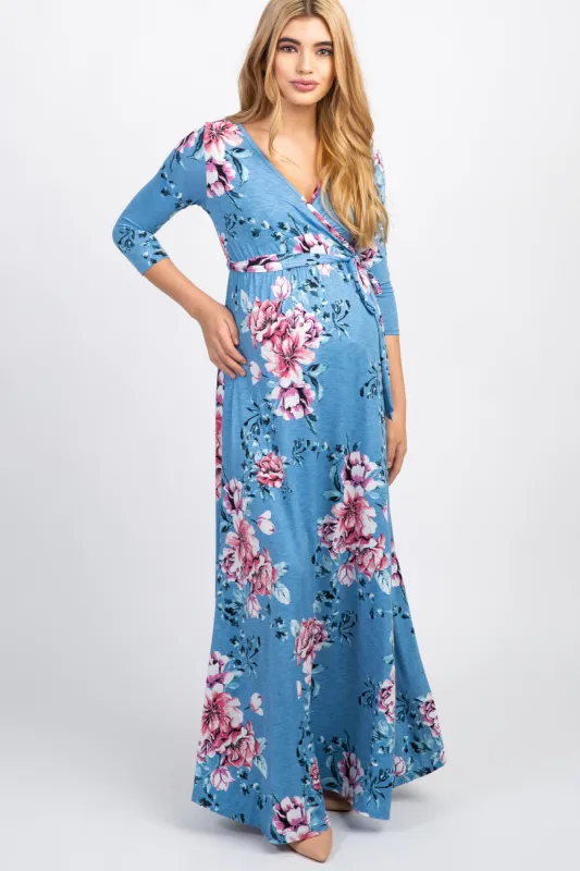 PinkBlush Blue Floral Sash Tie Maternity/Nursing Wrap Maxi Dress sold by Pinkblush