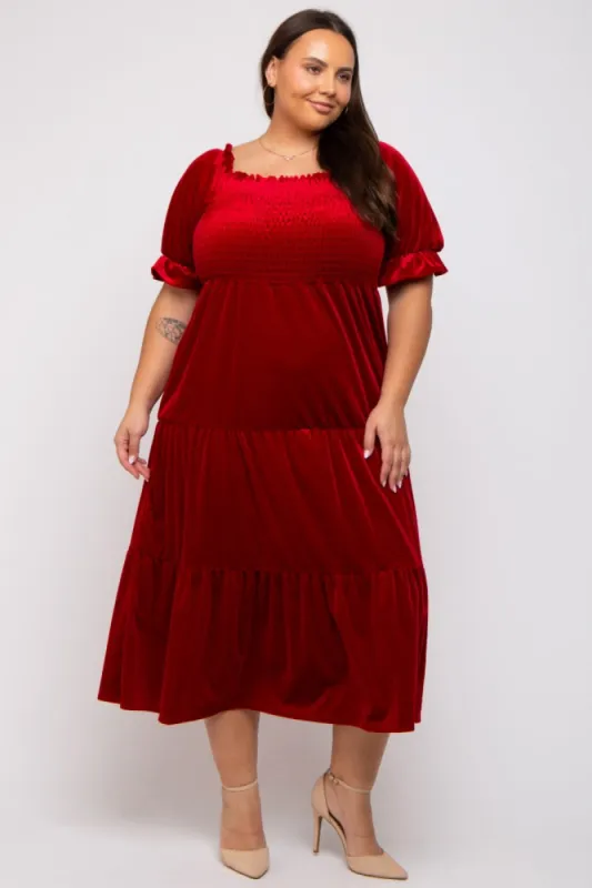 Red Velvet Tiered Plus Midi Dress sold by Pinkblush