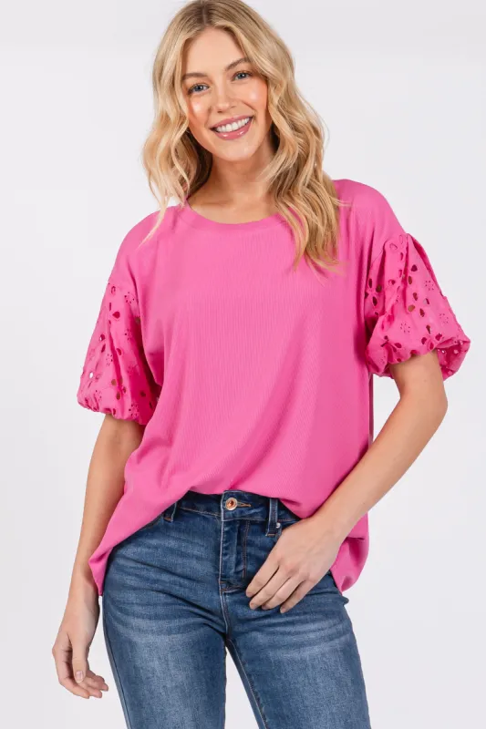 Pink Short Puff Eyelet Lace Floral Sleeve Top made by Pinkblush
