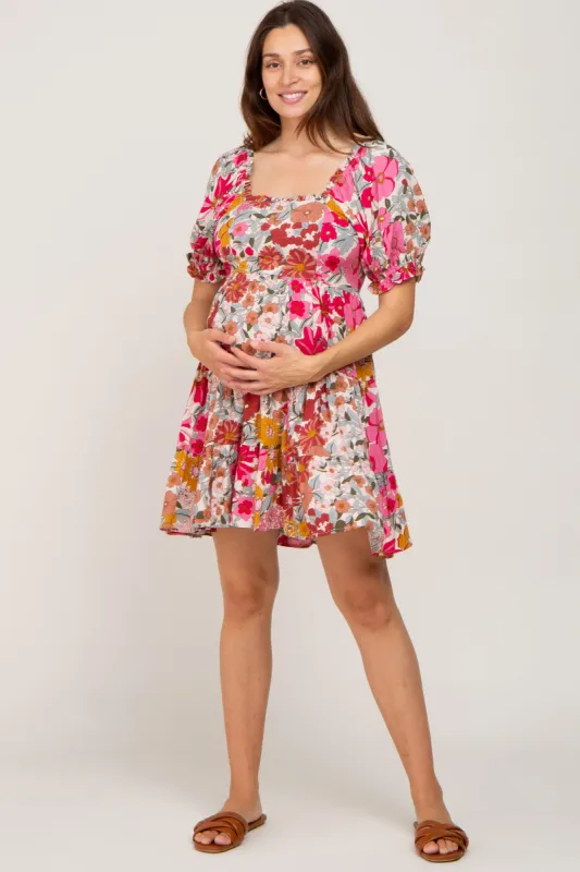 Fuchsia Floral Square Neck Ruffle Tiered Maternity Dress sold by Pinkblush