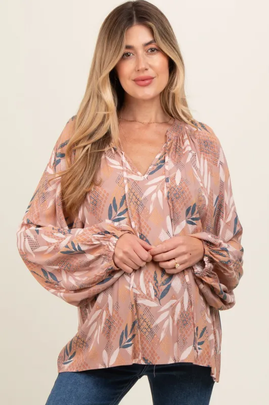 Mocha V-Neck Long Puff Sleeve Maternity Top sold by Pinkblush