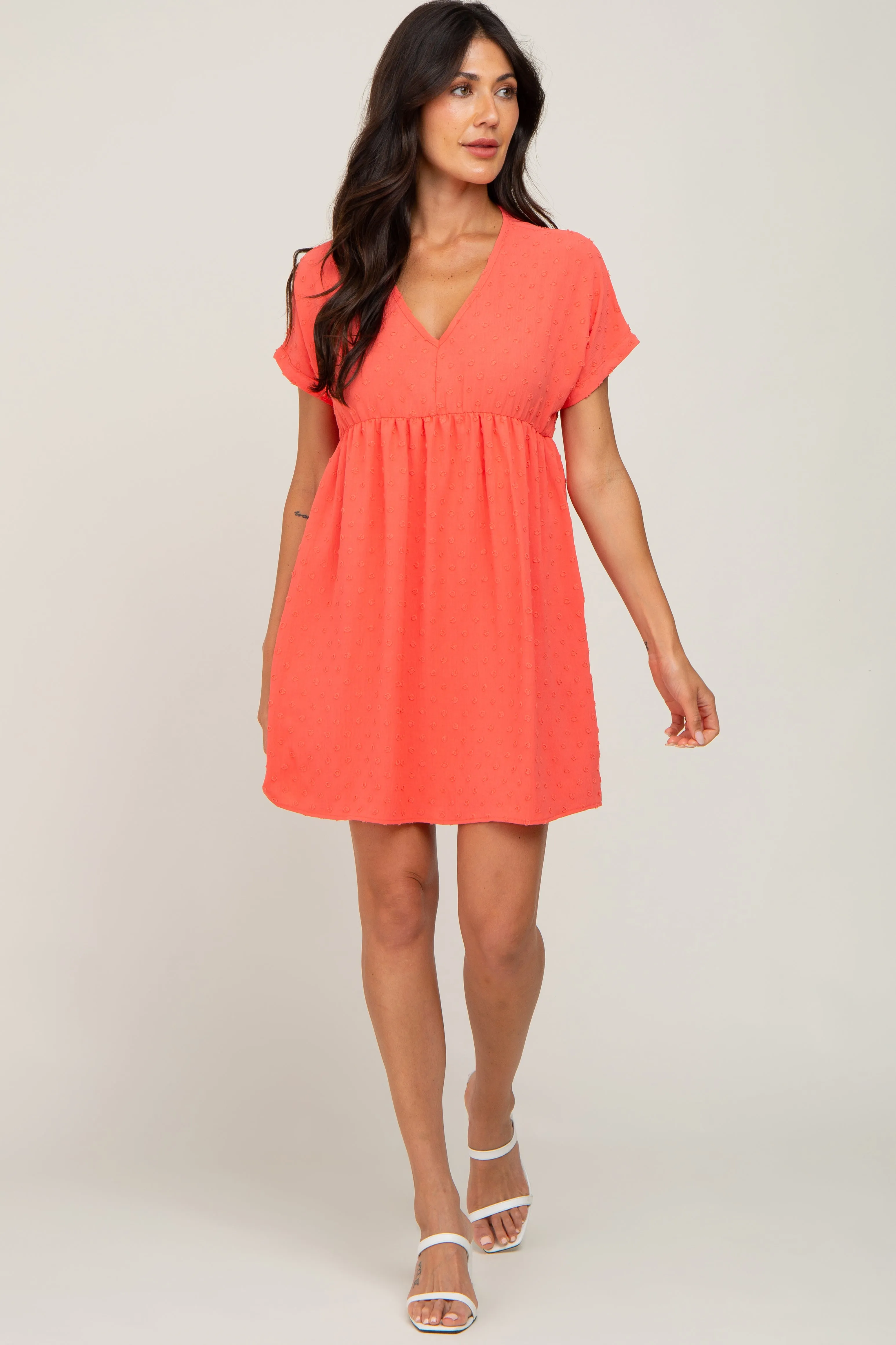 Coral Swiss Dot V-Neck Dress sold by Pinkblush product image thumbnail 4