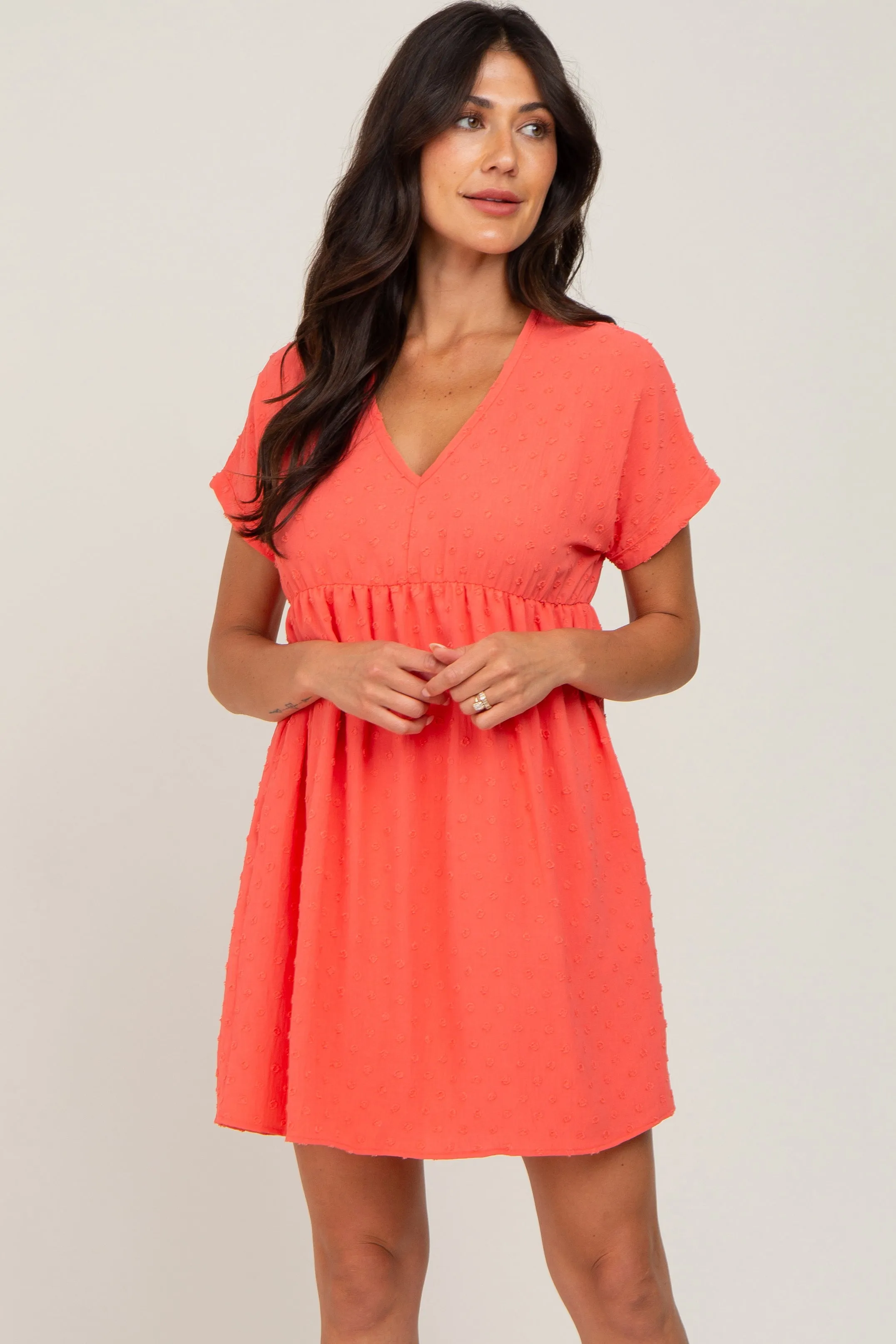 Coral Swiss Dot V-Neck Dress sold by Pinkblush