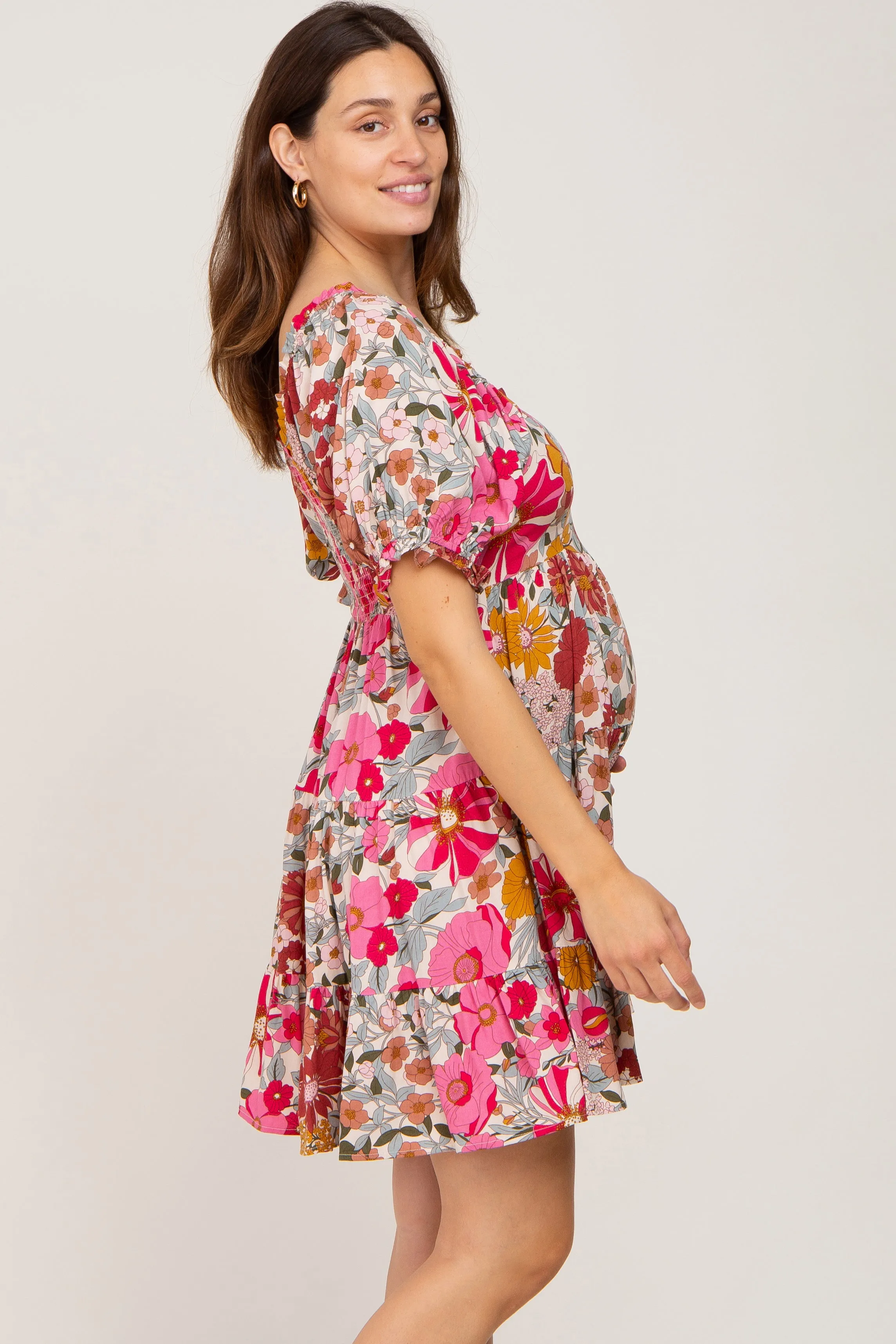 Fuchsia Floral Square Neck Ruffle Tiered Maternity Dress sold by Pinkblush product image thumbnail 3
