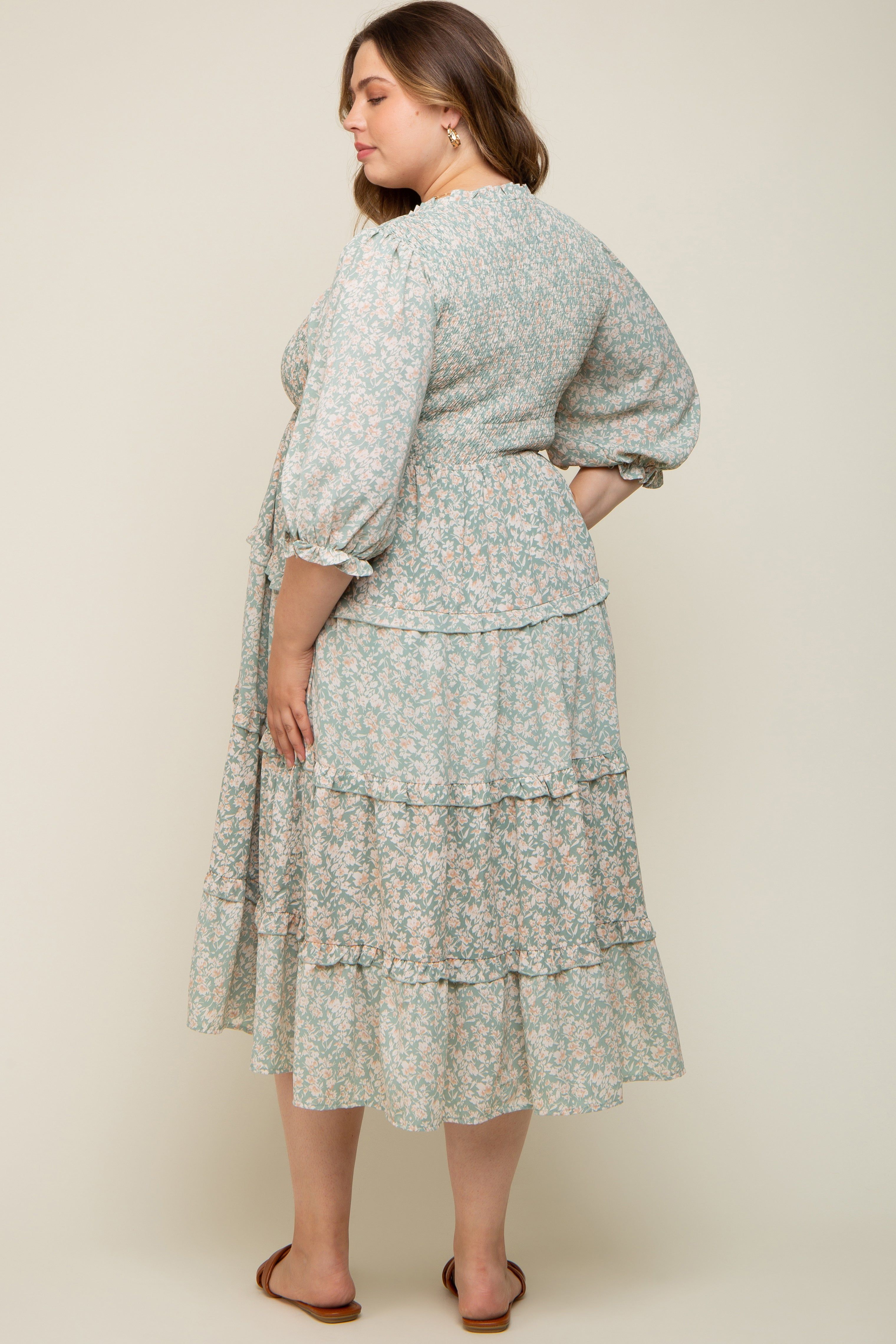 Mint Green Floral Smocked Ruffle Tiered Maternity Plus Midi Dress sold by Pinkblush product image thumbnail 3