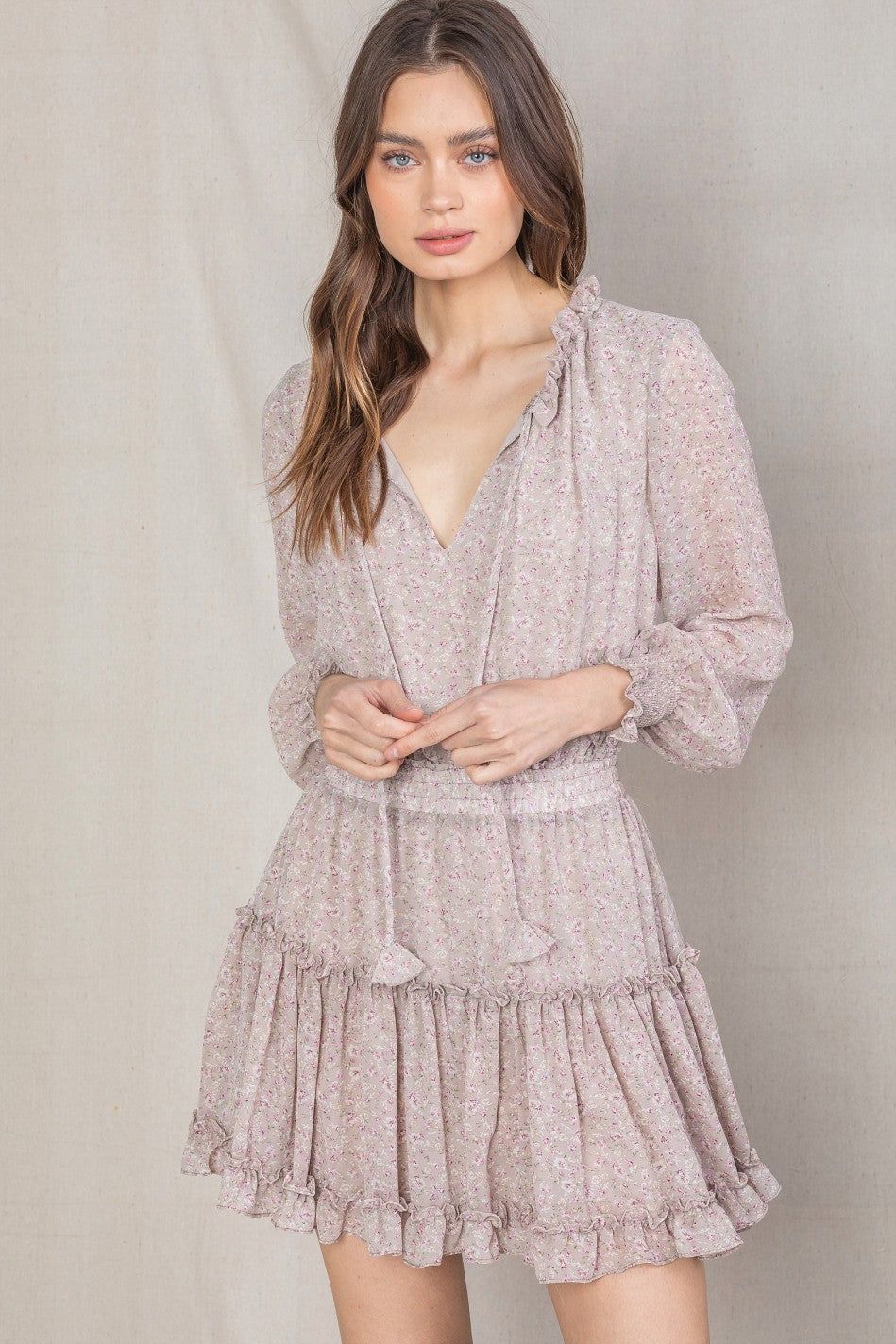 Taupe Ruffled Dress With Self Trim Tassel sold by Pinkblush