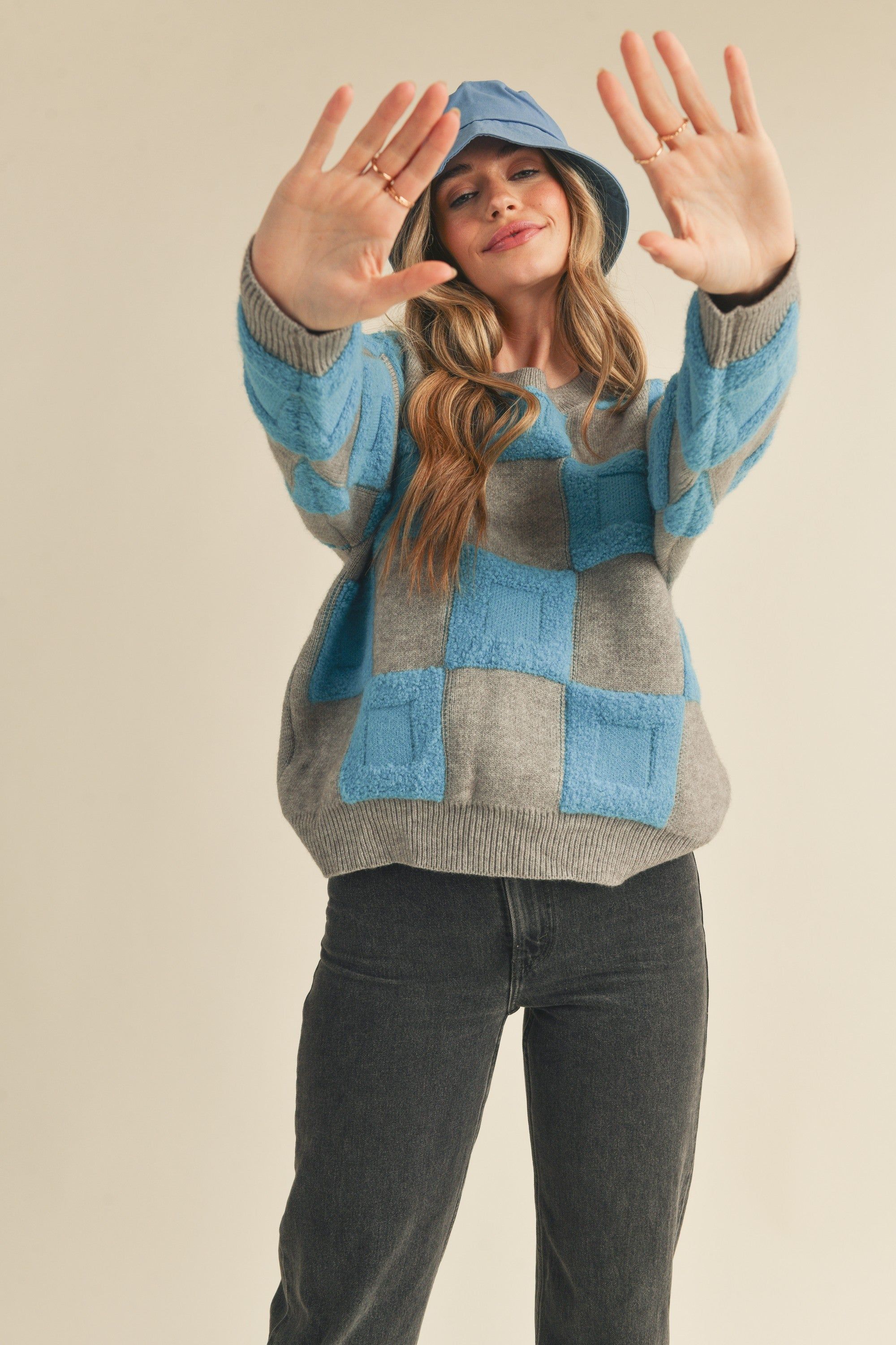Grey Blue Textured Checkered Sweater Pullover sold by Pinkblush product image thumbnail 2