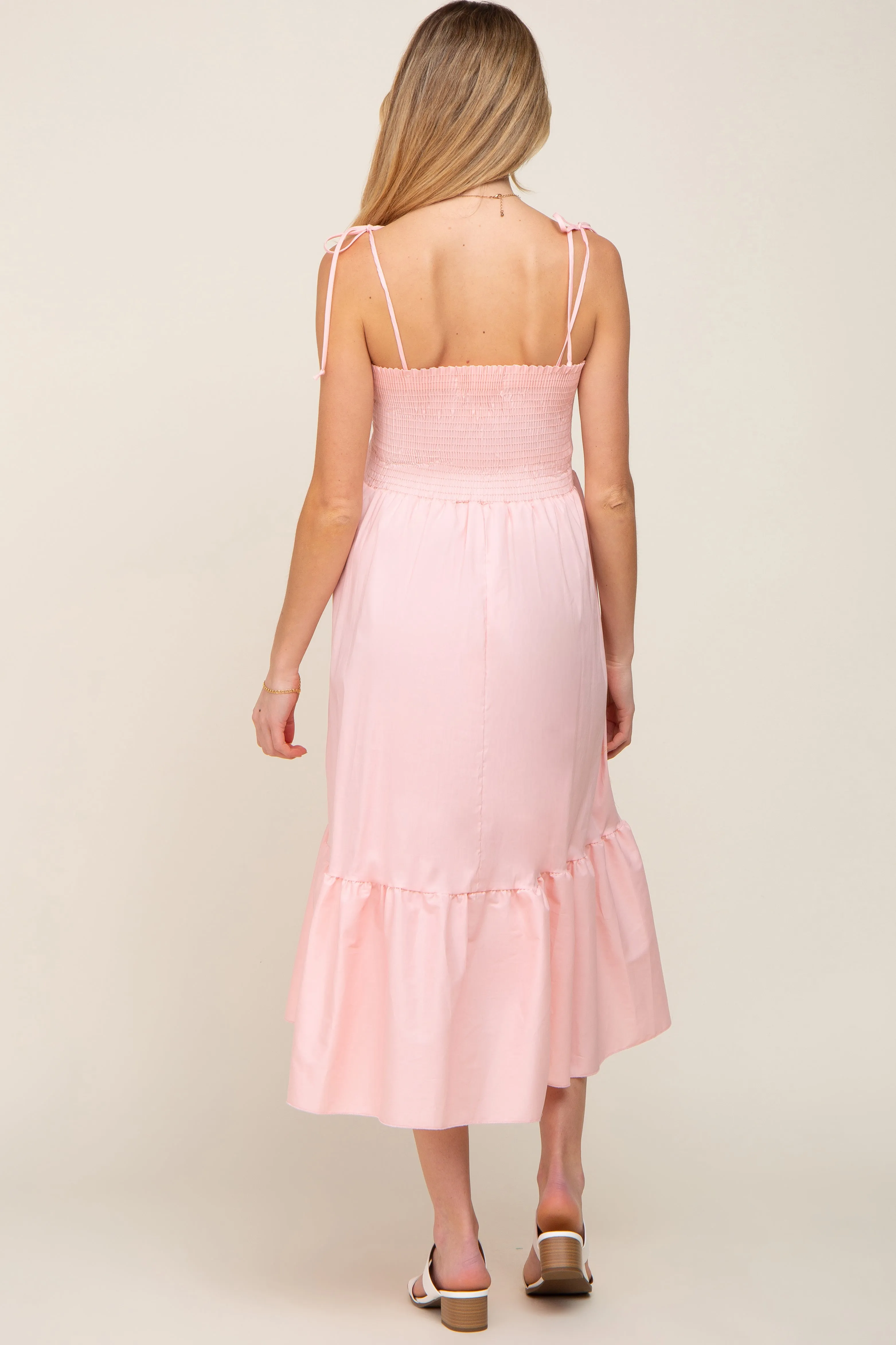 Pink Smocked Shoulder Tie Maternity Midi Dress sold by Pinkblush product image thumbnail 3