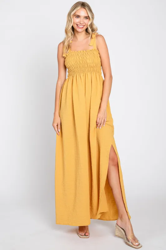 Yellow Textured Smocked Shoulder Tie Maxi Dress sold by Pinkblush