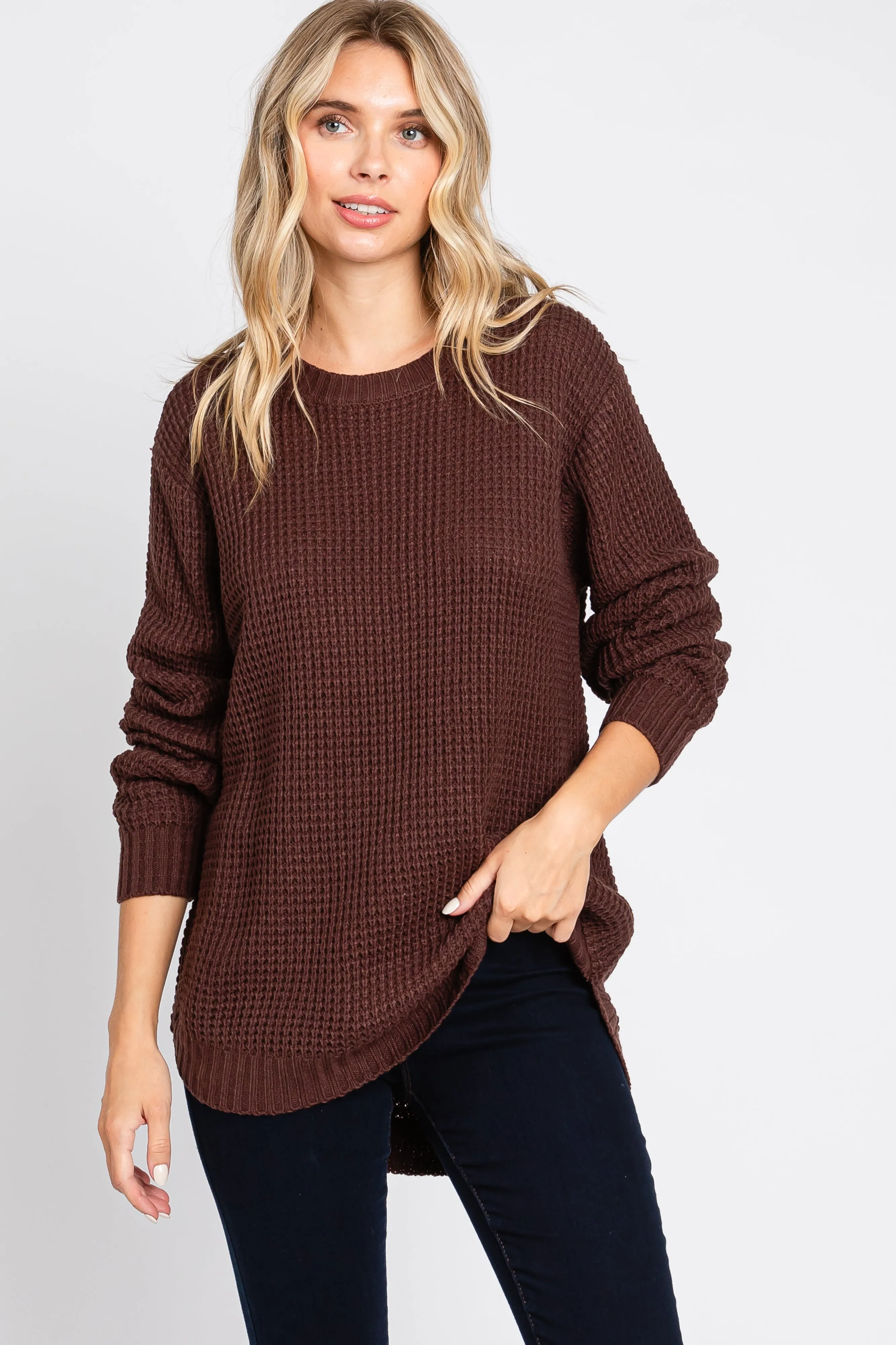 Brown Waffle Knit Round Hem Sweater sold by Pinkblush product image thumbnail 5