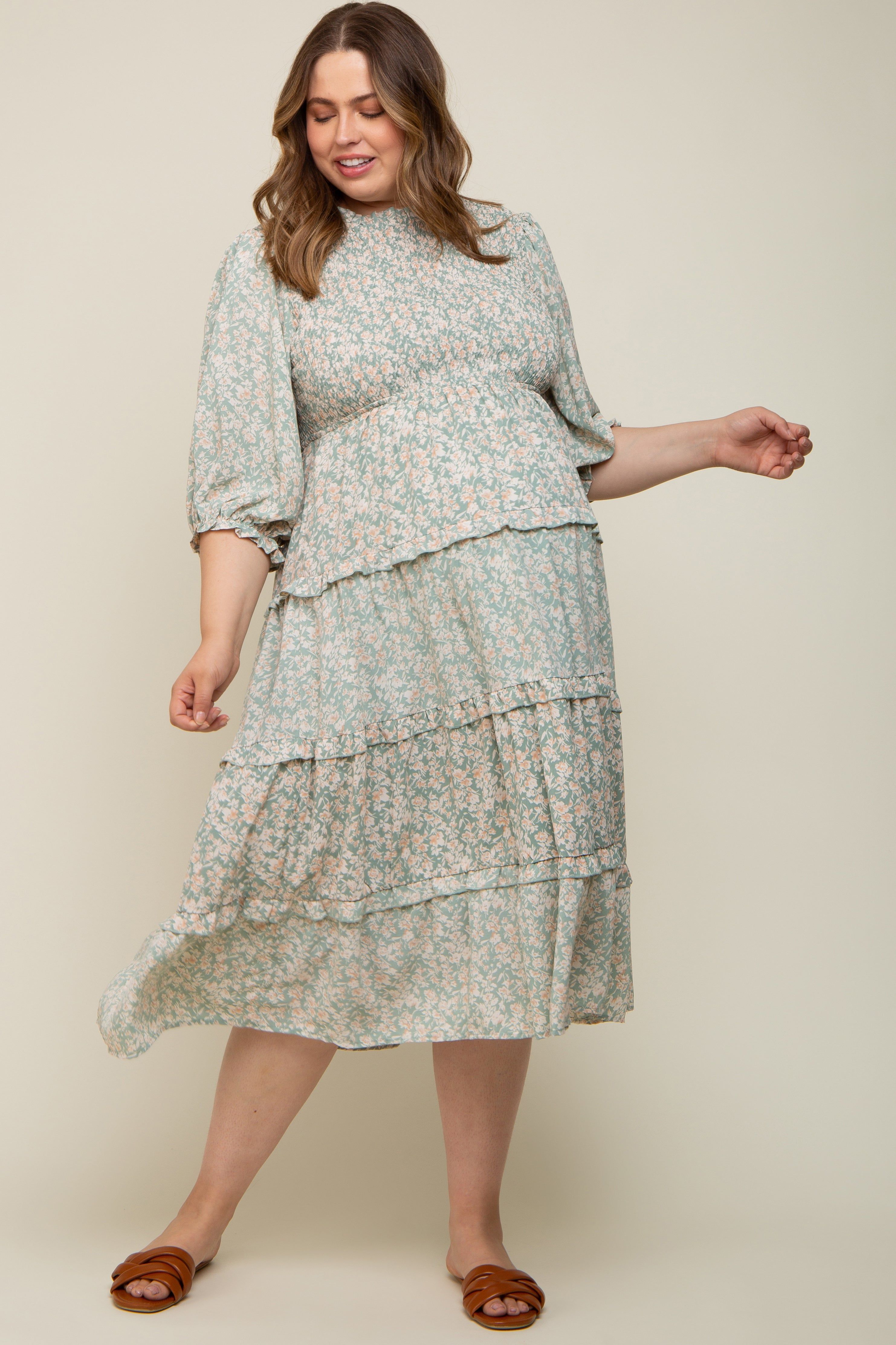 Mint Green Floral Smocked Ruffle Tiered Maternity Plus Midi Dress sold by Pinkblush product image thumbnail 4