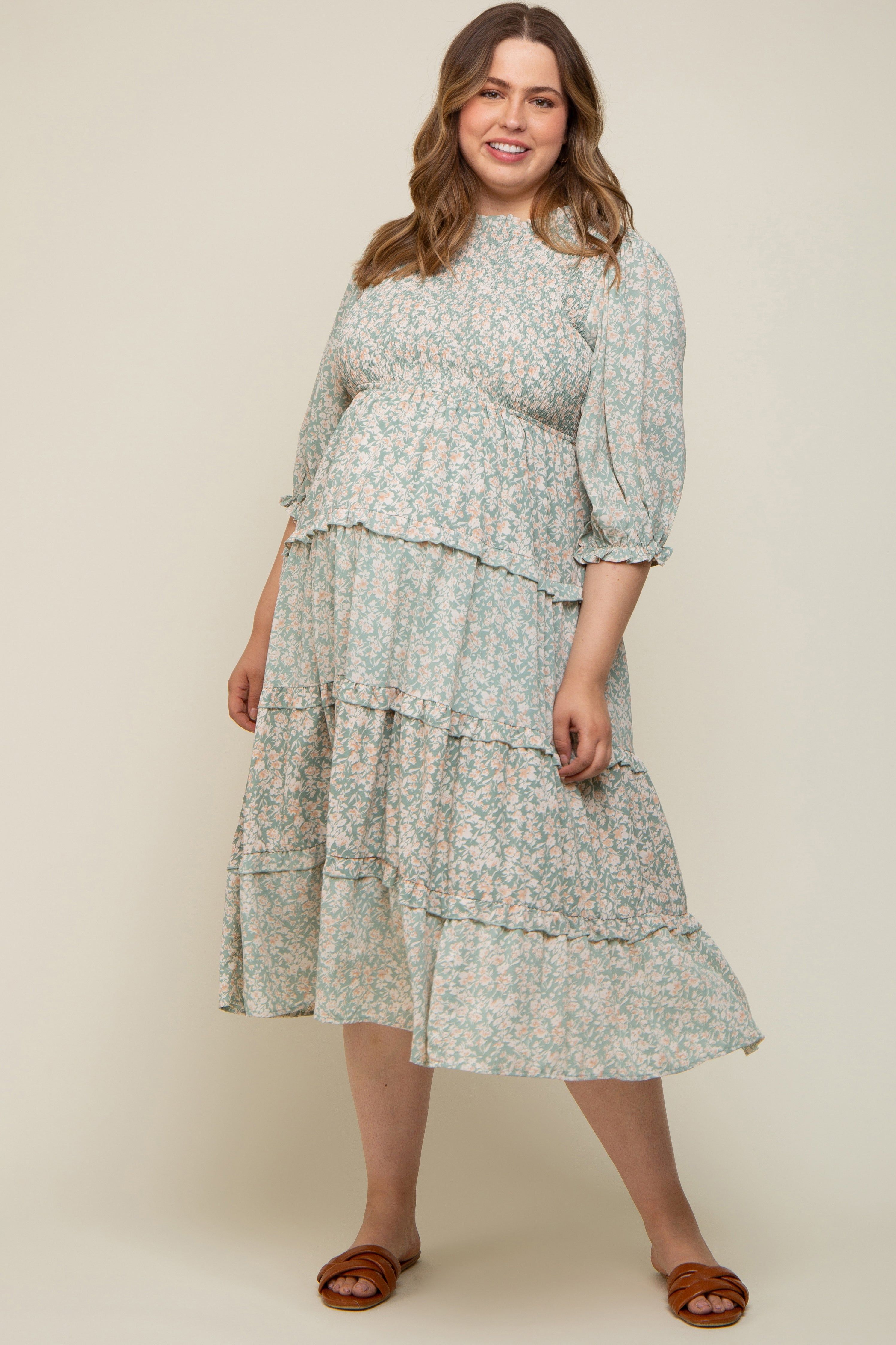 Mint Green Floral Smocked Ruffle Tiered Maternity Plus Midi Dress sold by Pinkblush
