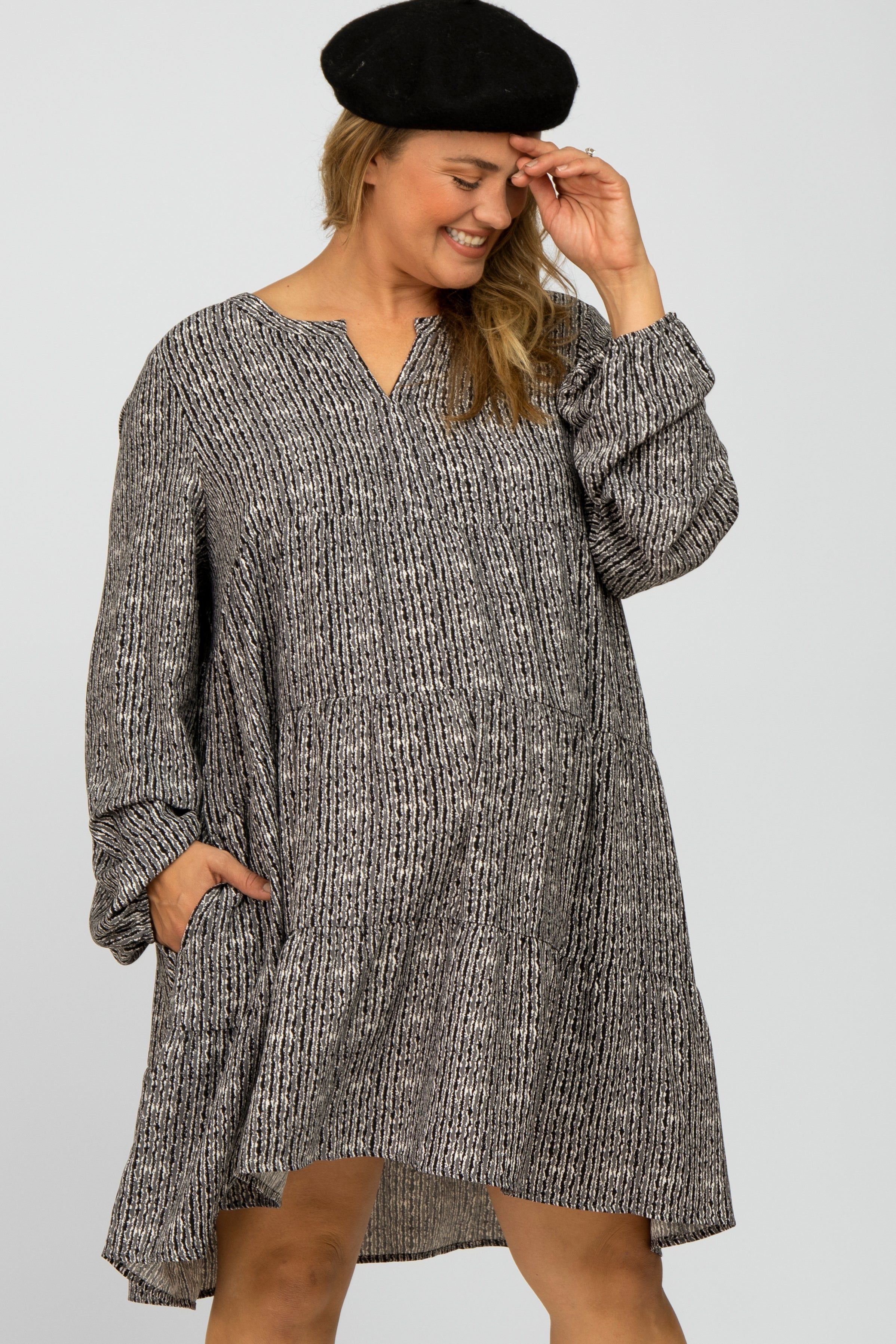 Charcoal Printed Tiered Maternity Plus Dress sold by Pinkblush