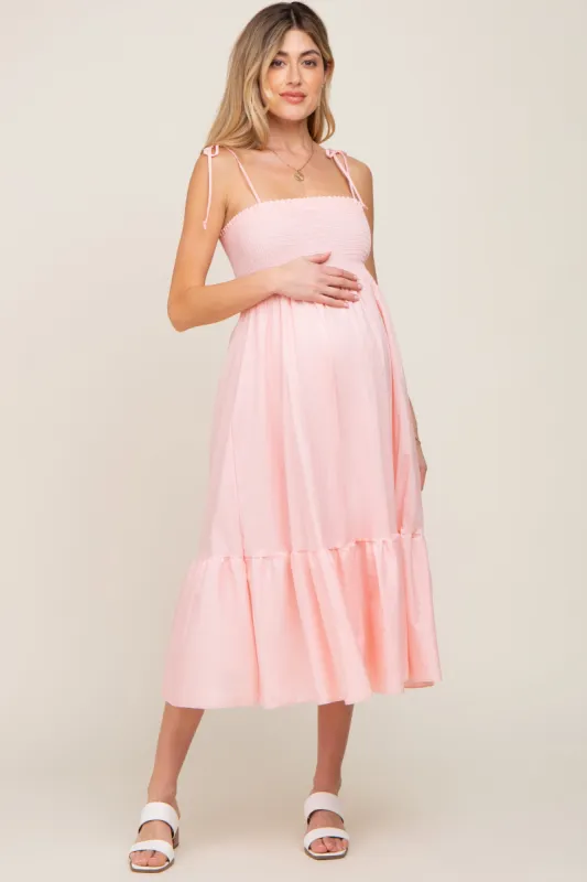 Pink Smocked Shoulder Tie Maternity Midi Dress sold by Pinkblush