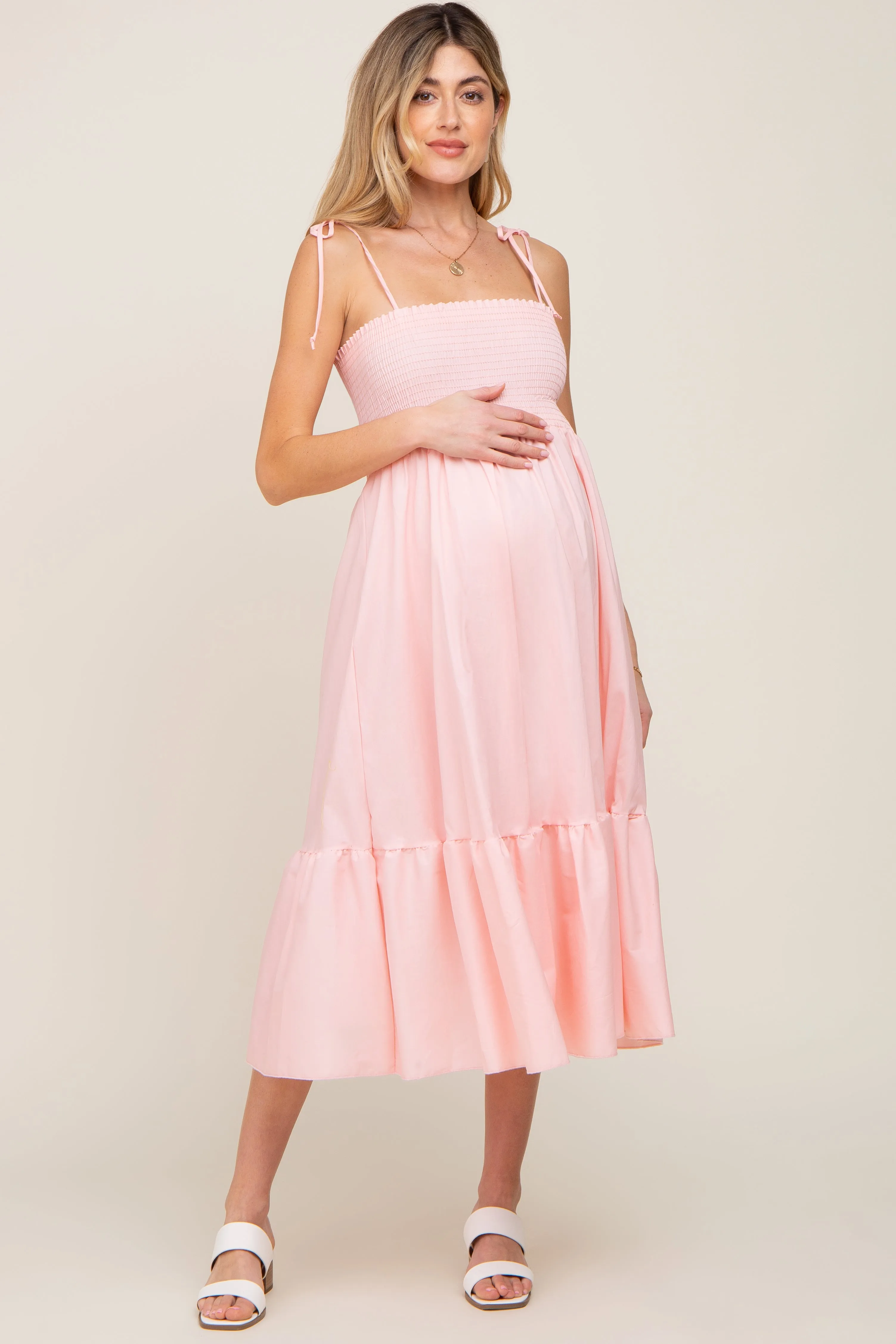 Pink Smocked Shoulder Tie Maternity Midi Dress sold by Pinkblush