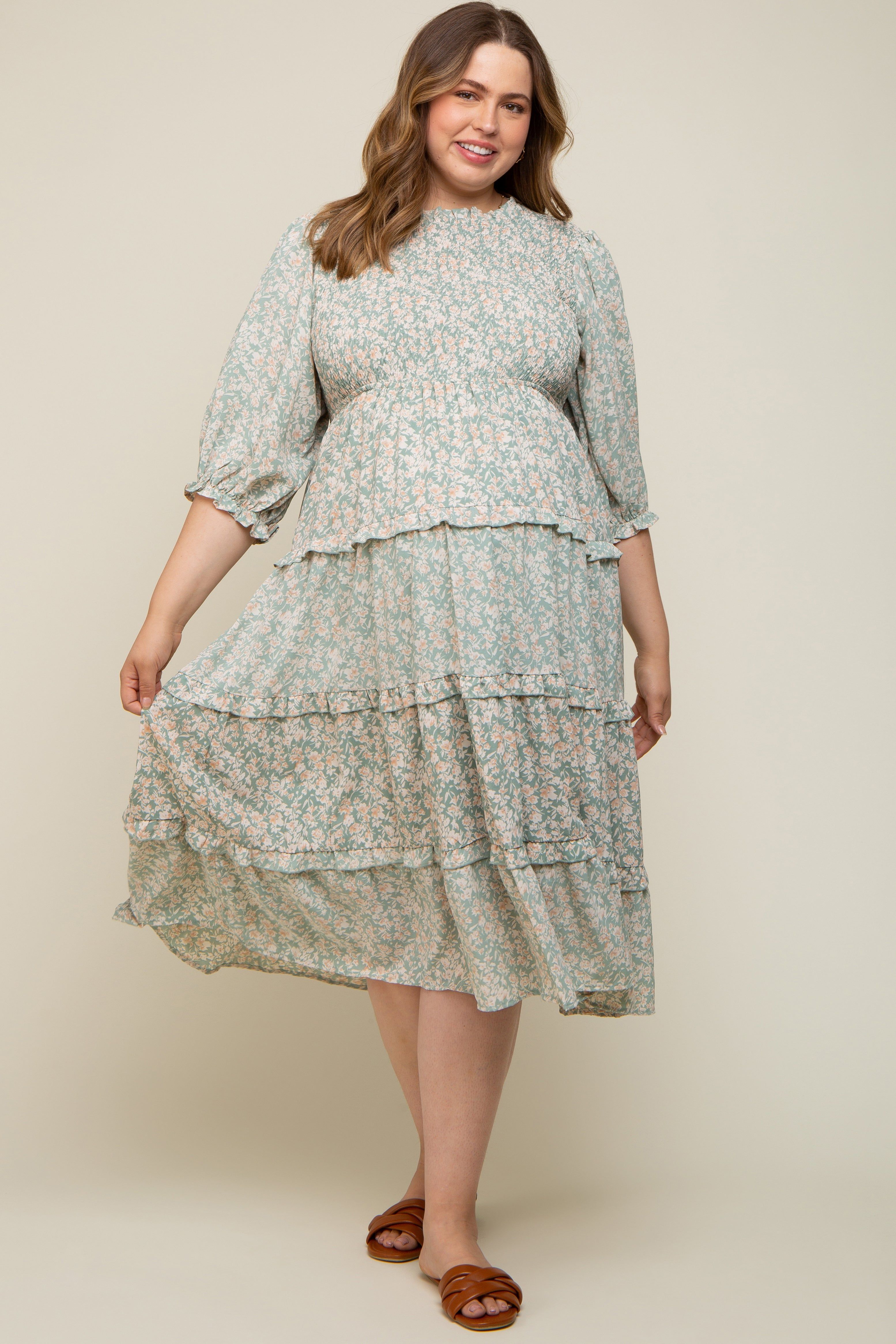 Mint Green Floral Smocked Ruffle Tiered Maternity Plus Midi Dress sold by Pinkblush product image thumbnail 5