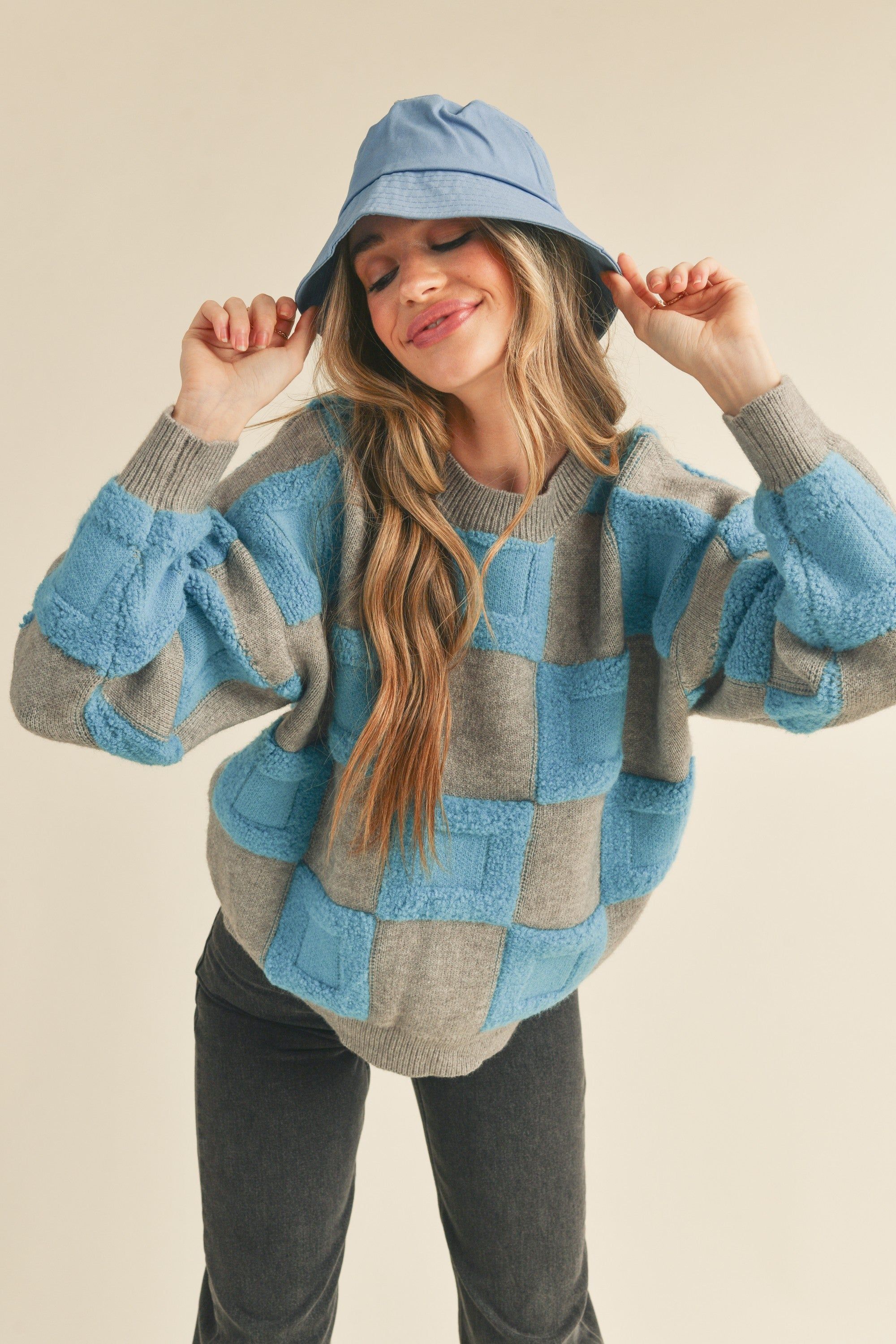Grey Blue Textured Checkered Sweater Pullover sold by Pinkblush