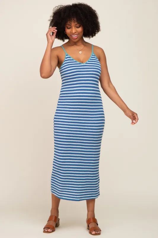 Blue Striped Crochet Knit Midi Dress sold by Pinkblush