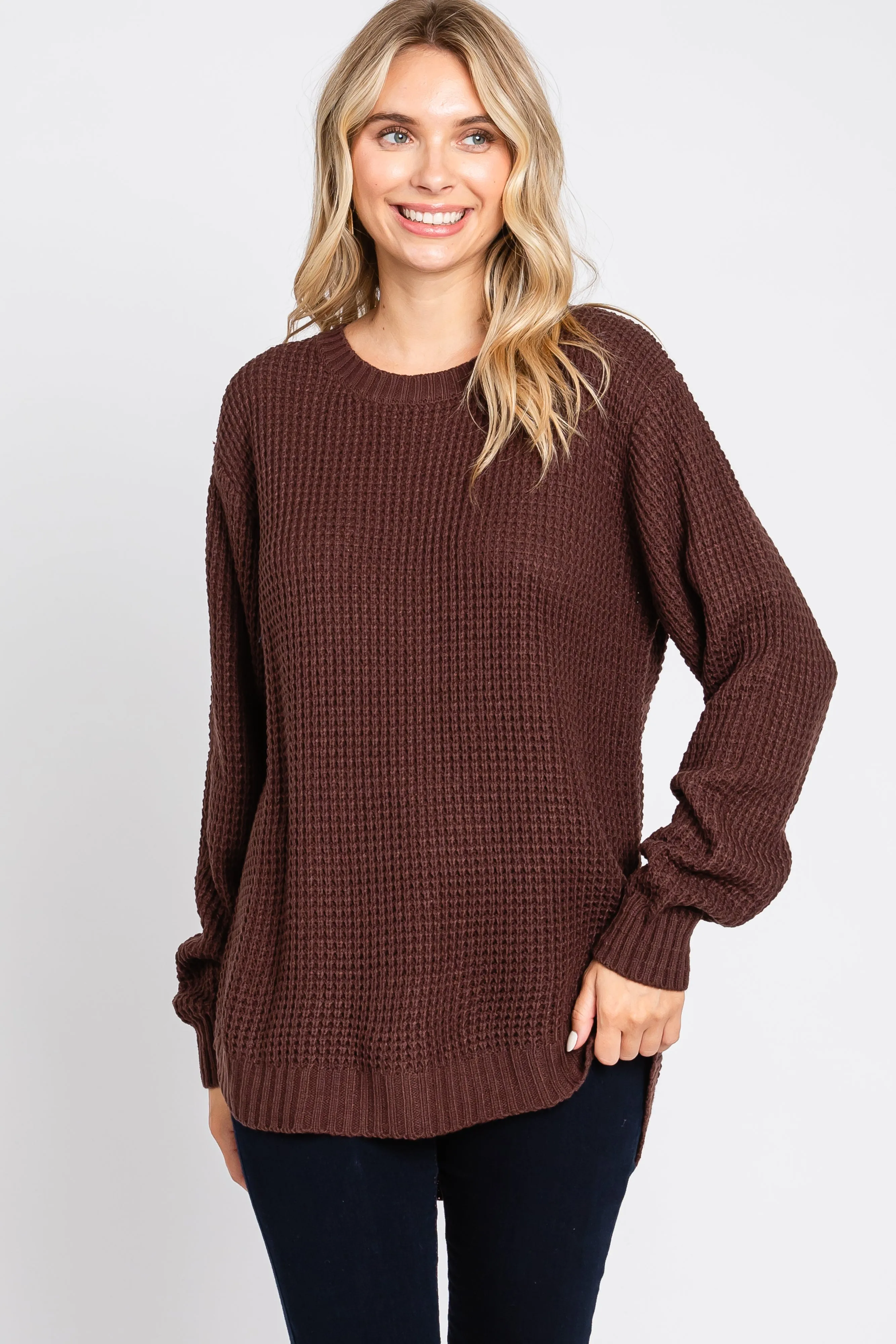 Brown Waffle Knit Round Hem Sweater sold by Pinkblush