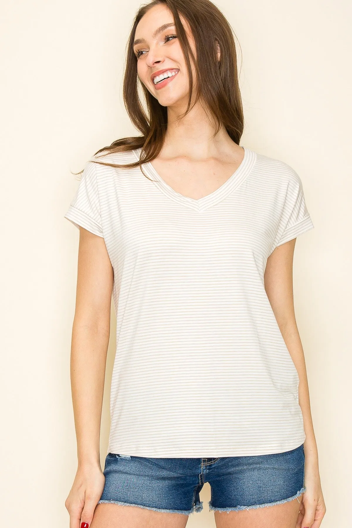 Ivory Striped V-Neck Short Sleeve Top sold by Pinkblush