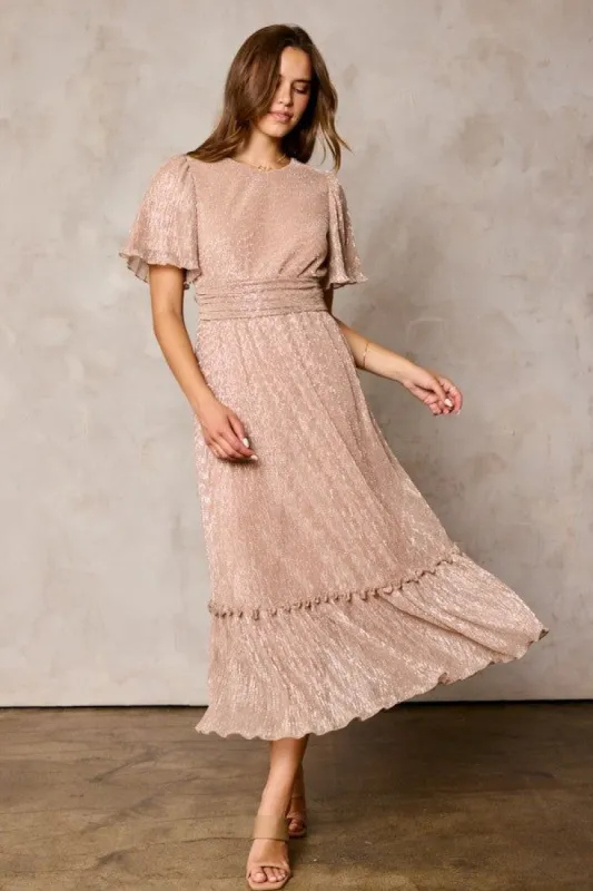 Champagne Crinkled Maxi Dress sold by Pinkblush
